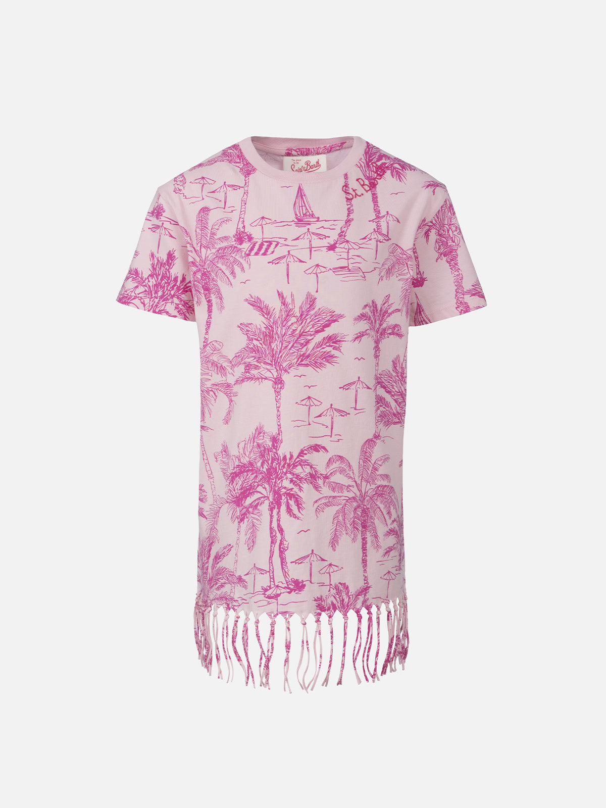 Girl Abbey Dress With Fringes And Toile De Jouy Print Pink