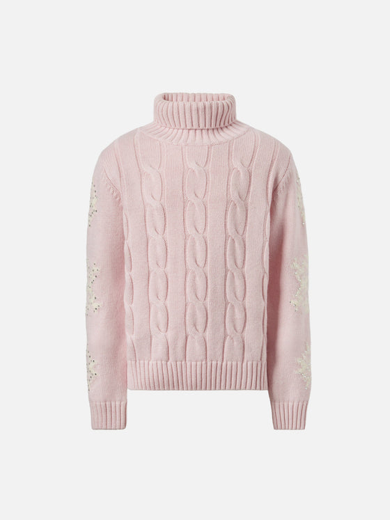 Adler Jr Turtleneck Cable-Knit With Snowflake Rhinestone Embellishments Pink