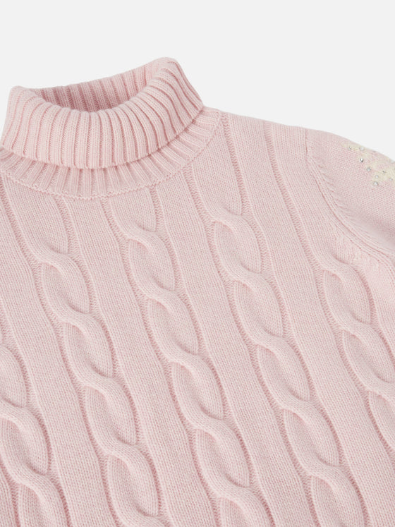 Adler Jr Turtleneck Cable-Knit With Snowflake Rhinestone Embellishments Pink