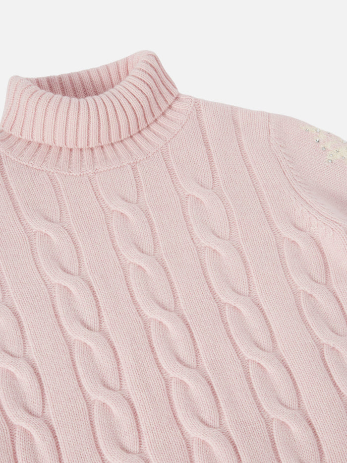 Adler Jr Turtleneck Cable-Knit With Snowflake Rhinestone Embellishments Pink