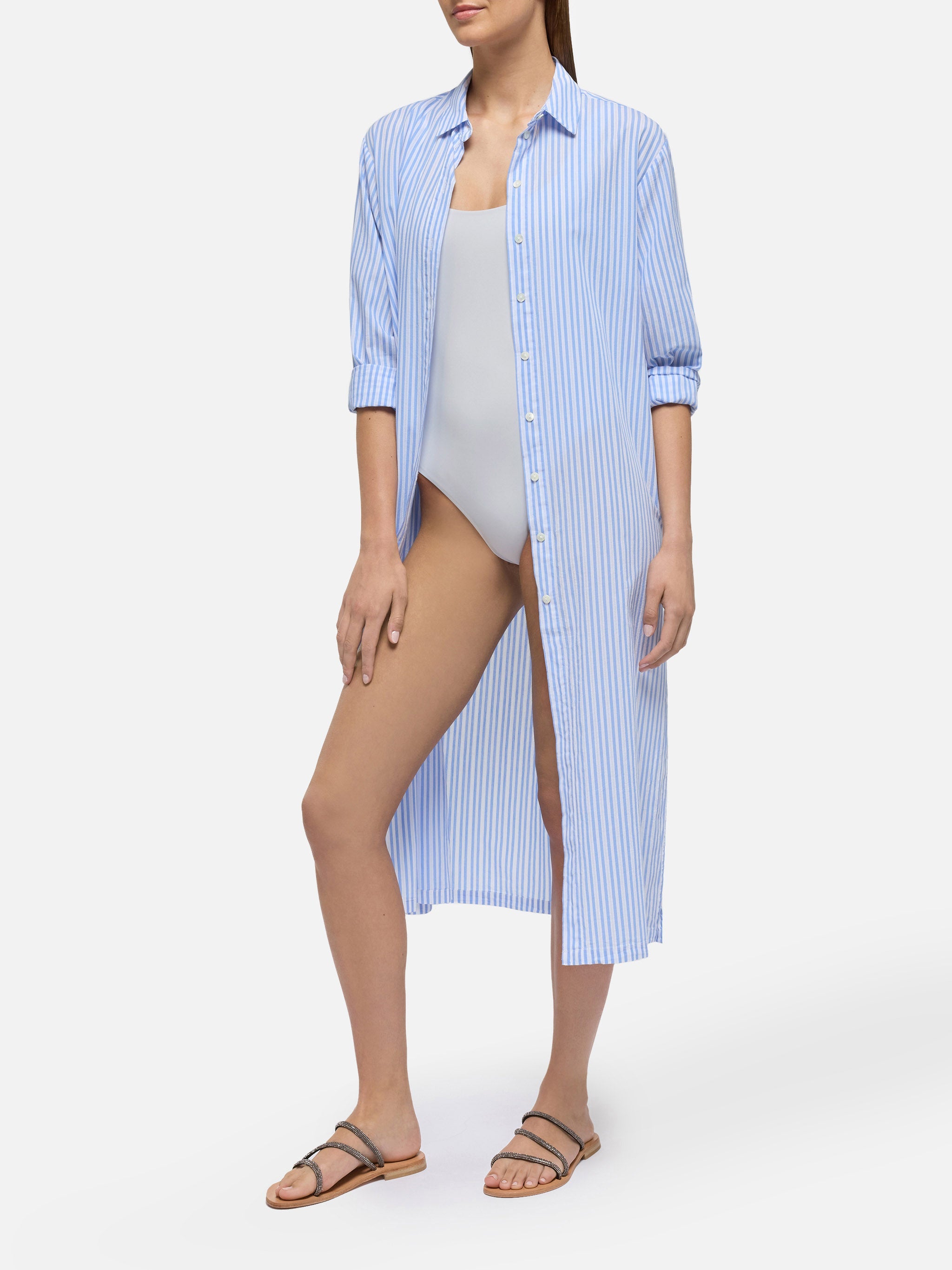 Adeline Cotton Maxi Dress With Striped Print Sky Beach Robe