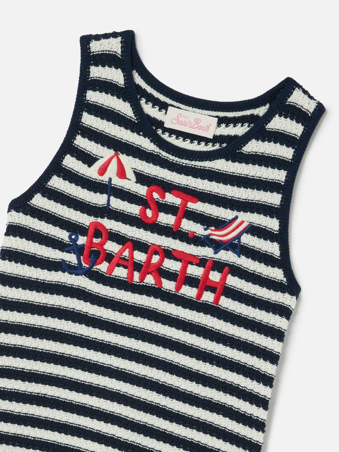 Audie Pure Cotton Striped Dress With Logo Embroidery And Sea Details Blue