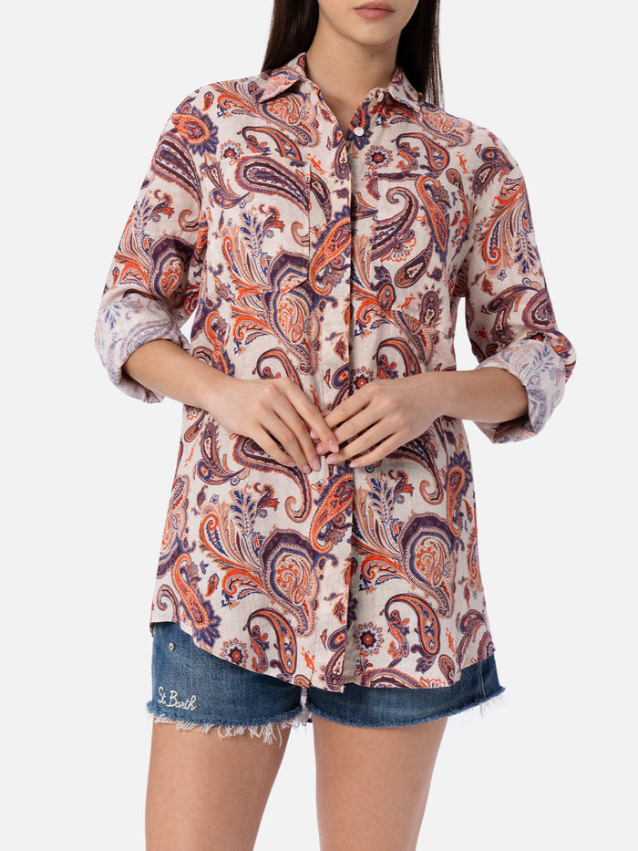 Alodie Linen Shirt With Paisley Print White