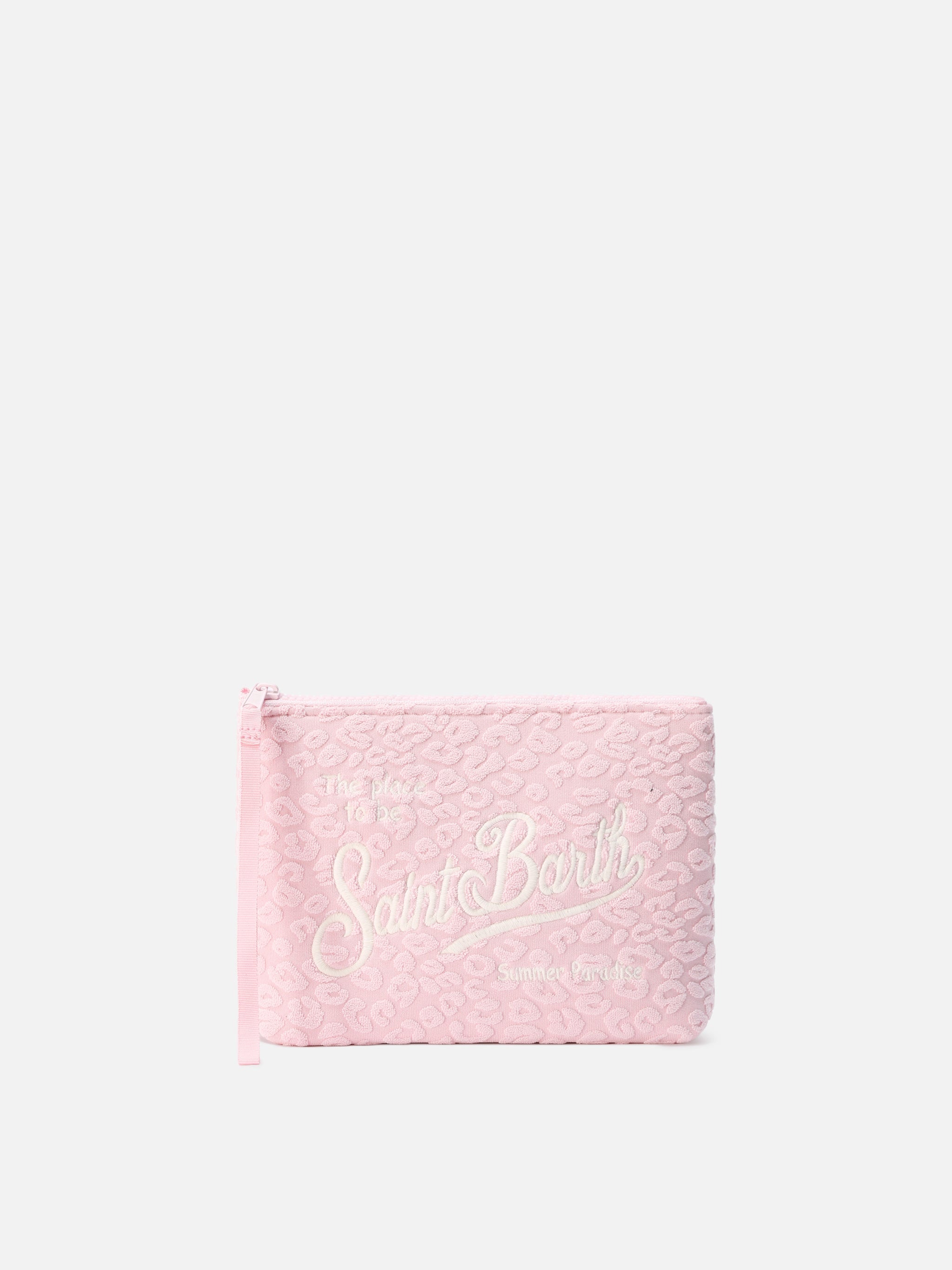 Aline Terry-Effect Pouch With Pink Embossed Leopard Pattern Pochette