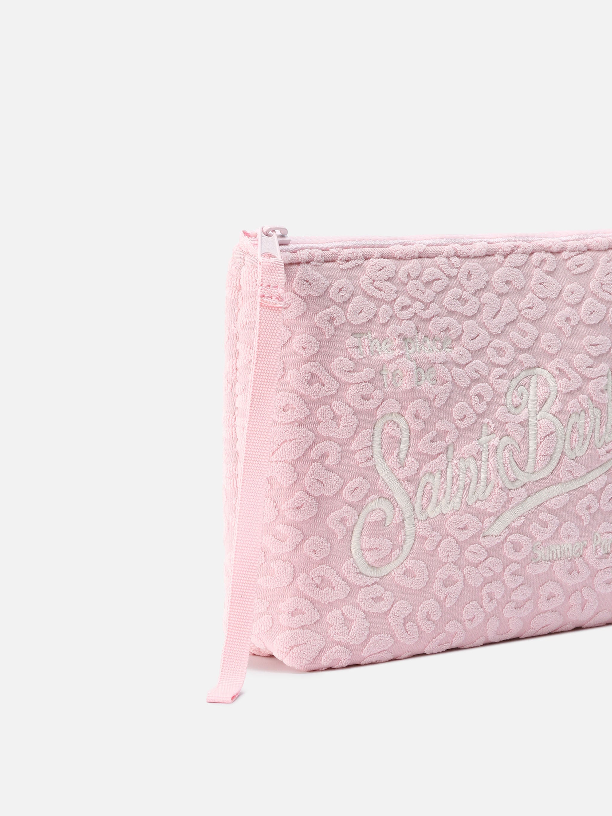 Aline Terry-Effect Pouch With Pink Embossed Leopard Pattern Pochette