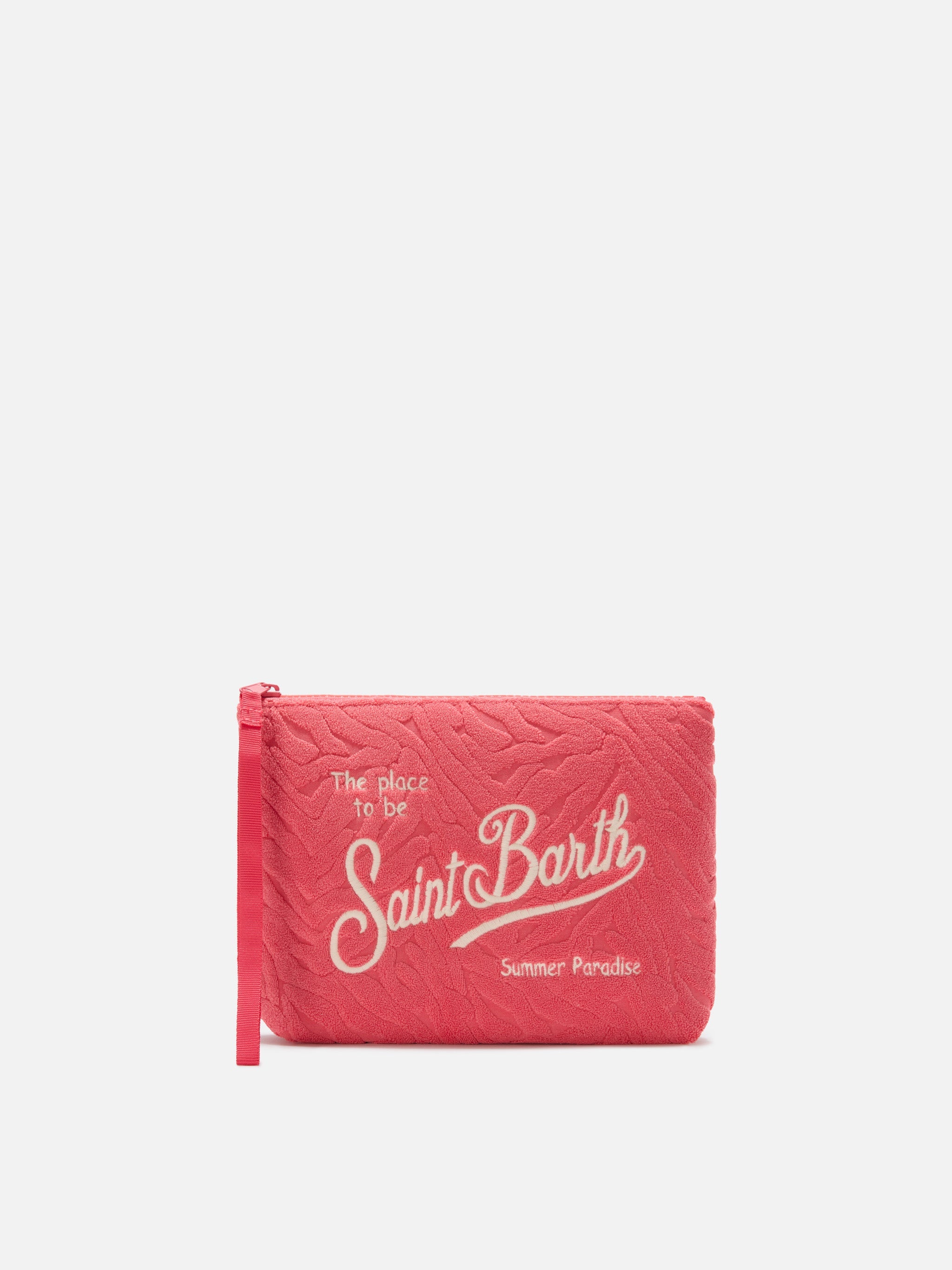 Aline Terry-Effect Coral Red Pouch With Embossed Zebra Pattern Pochette