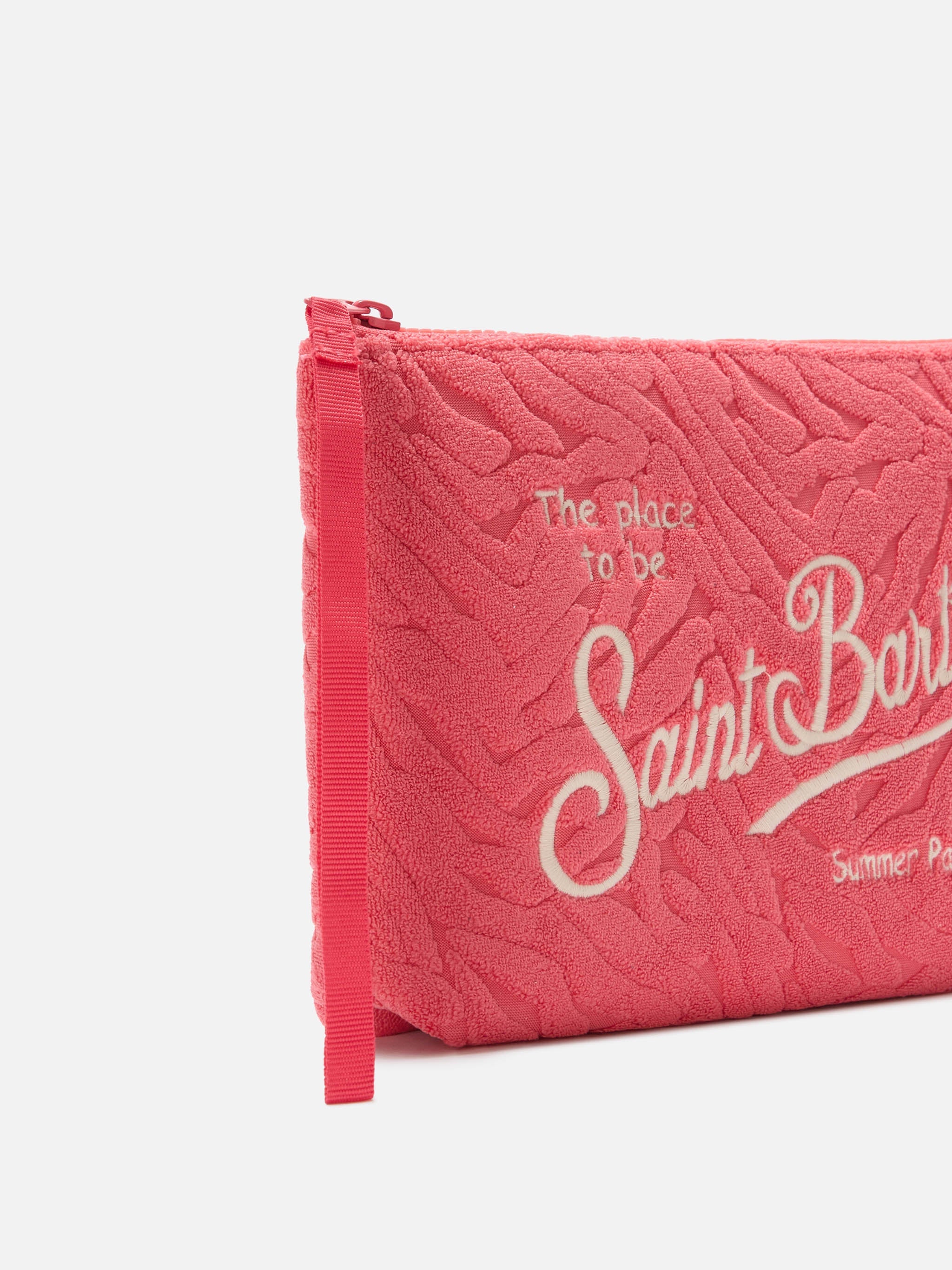 Aline Terry-Effect Coral Red Pouch With Embossed Zebra Pattern Pochette