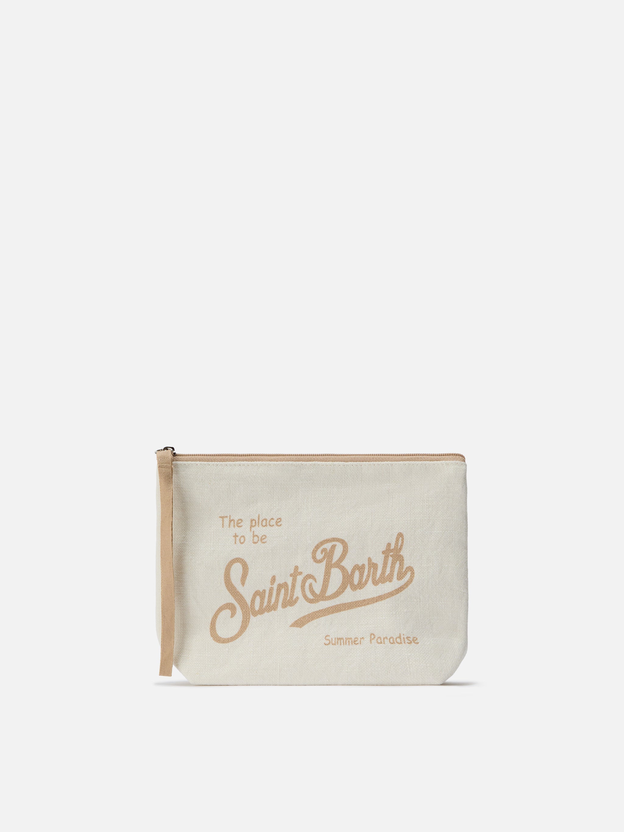 Aline Beige Solid Linen Pouch White Pochette