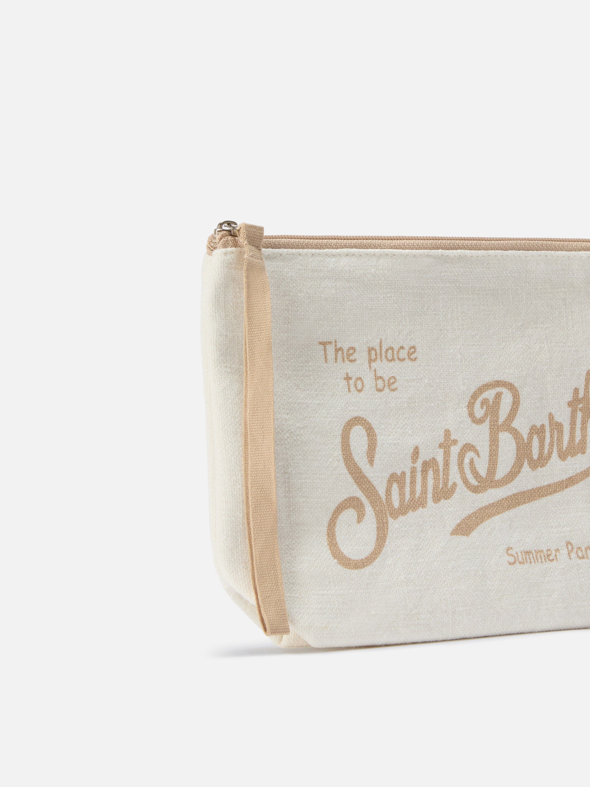 Aline Beige Solid Linen Pouch White Pochette