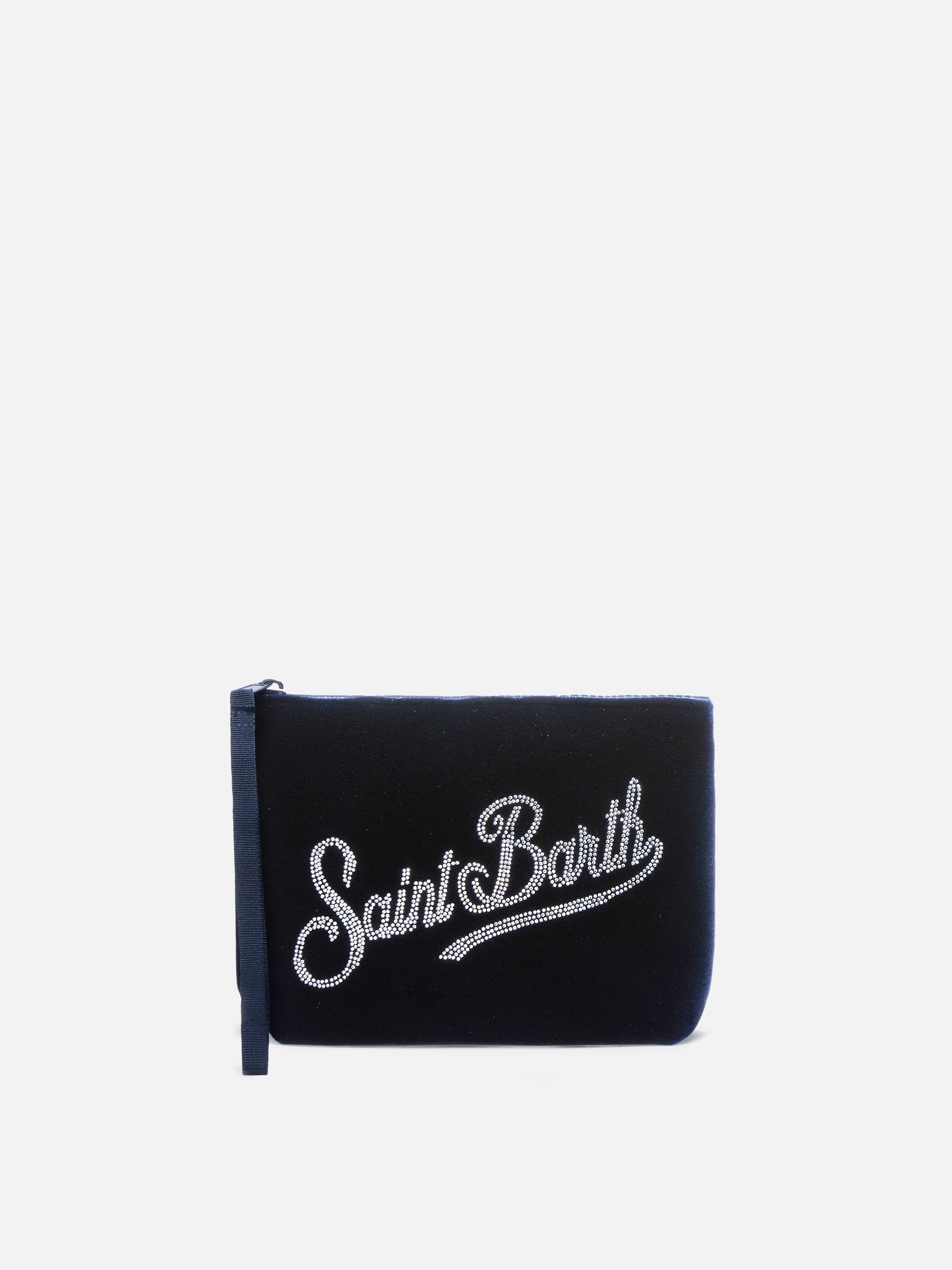 Aline Blue Velvet-Effect Scuba Pouch With Rhinestone Logo Pochette