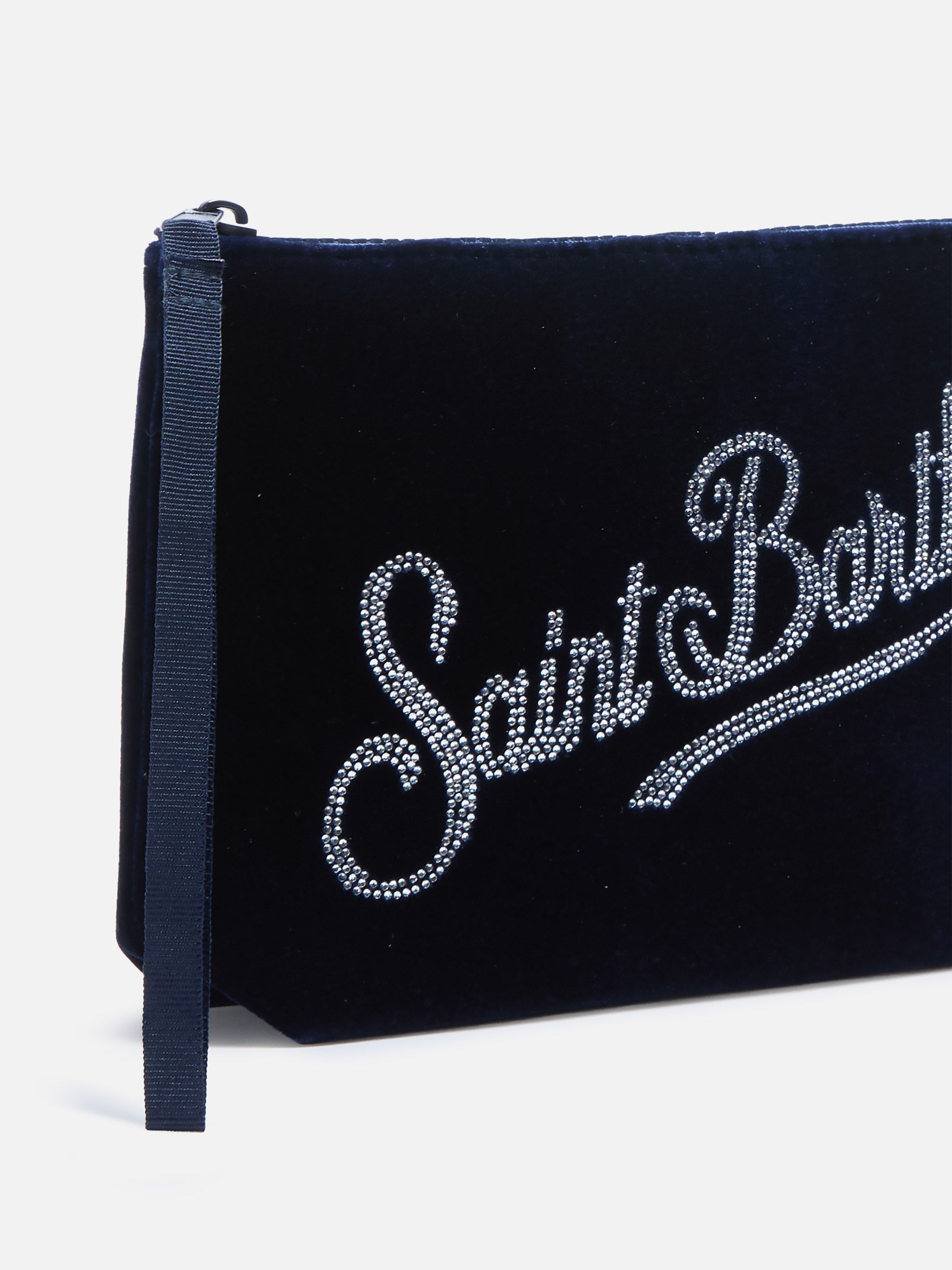 Aline Blue Velvet-Effect Scuba Pouch With Rhinestone Logo Pochette