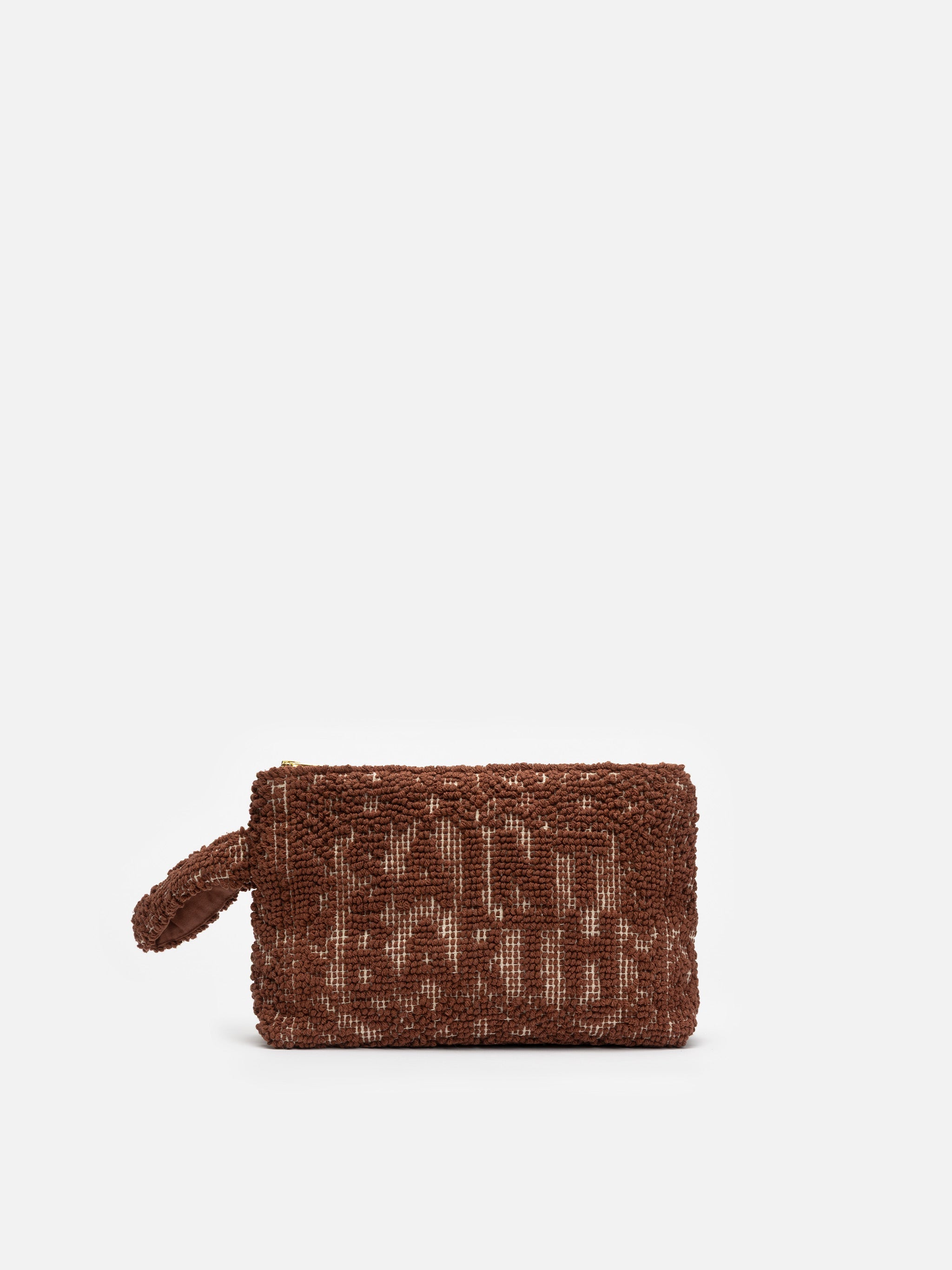 Aline Brown Cotton Pouch With Tufting Embroidery Pochette
