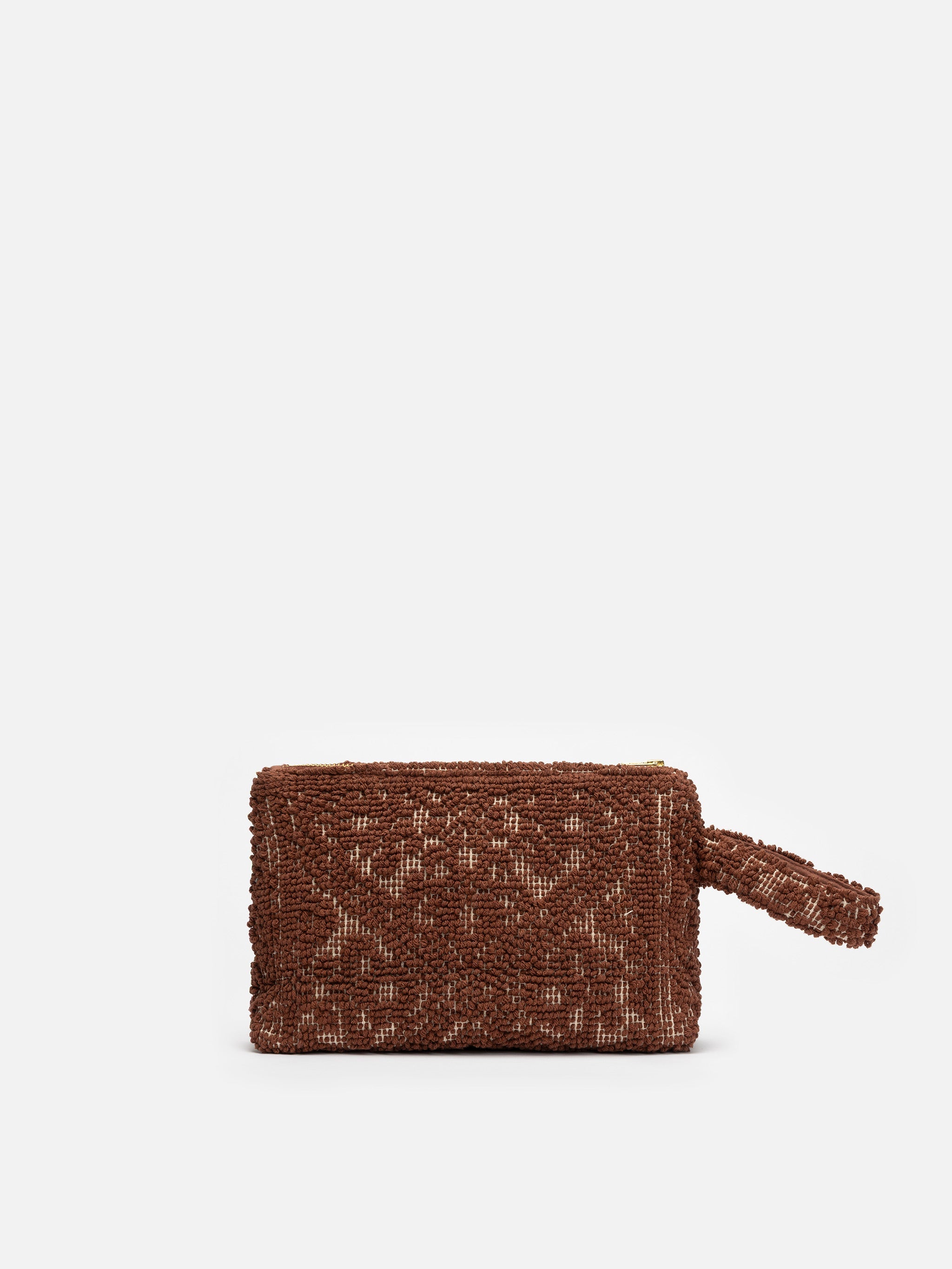 Aline Brown Cotton Pouch With Tufting Embroidery Pochette