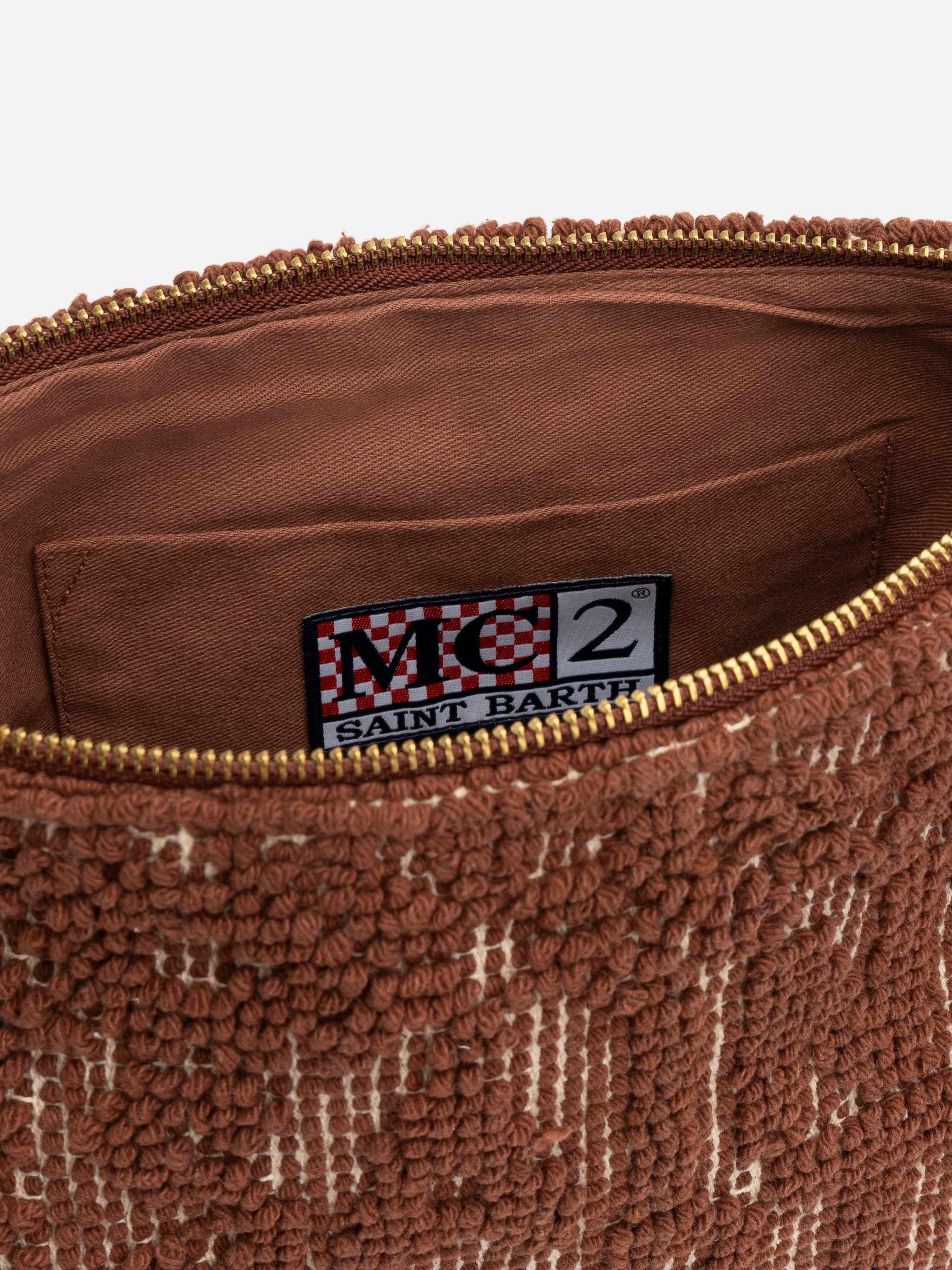 Aline Brown Cotton Pouch With Tufting Embroidery Pochette
