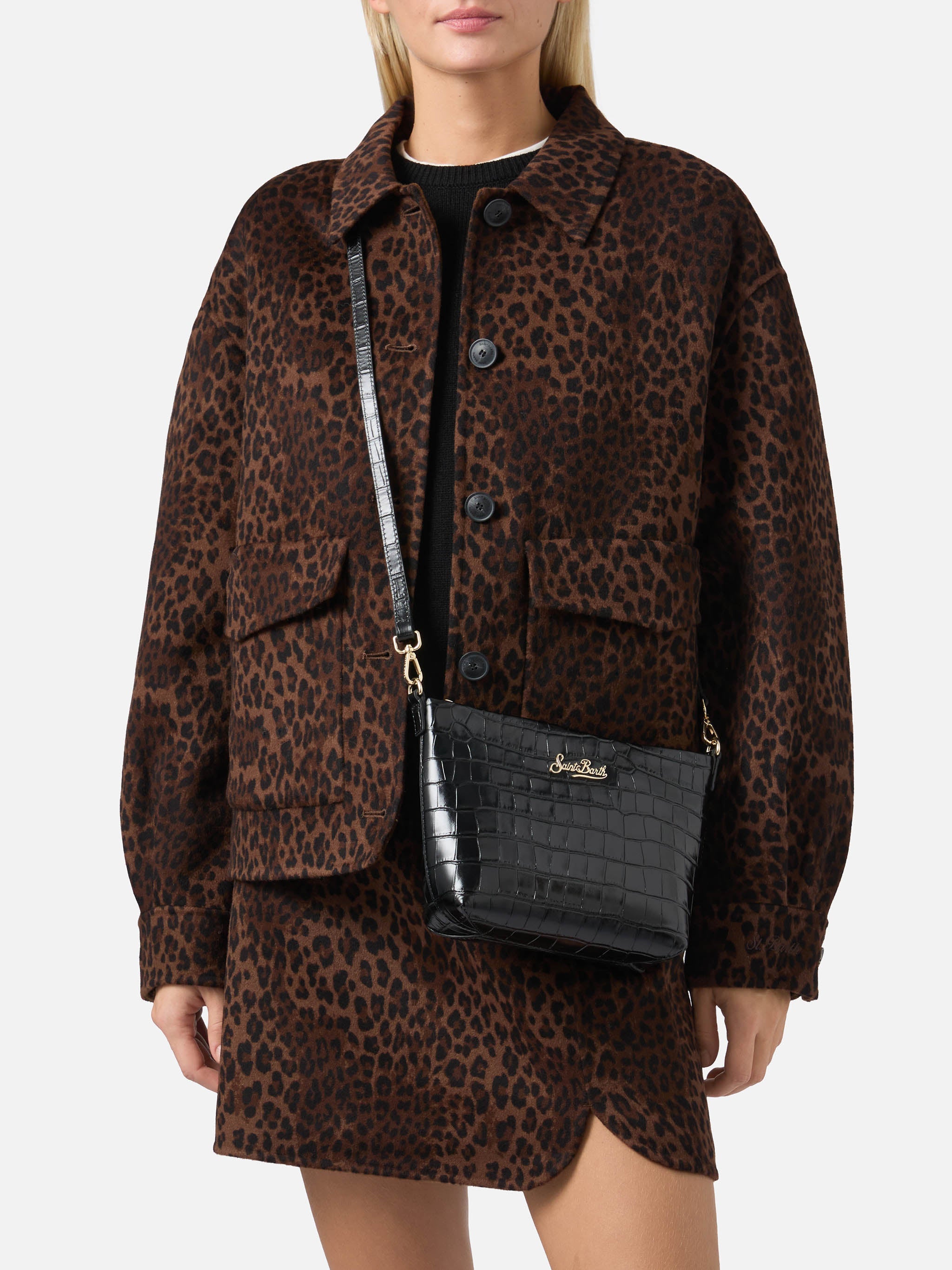 Aline Shoulder Bag Crocodile-Print Black Leather