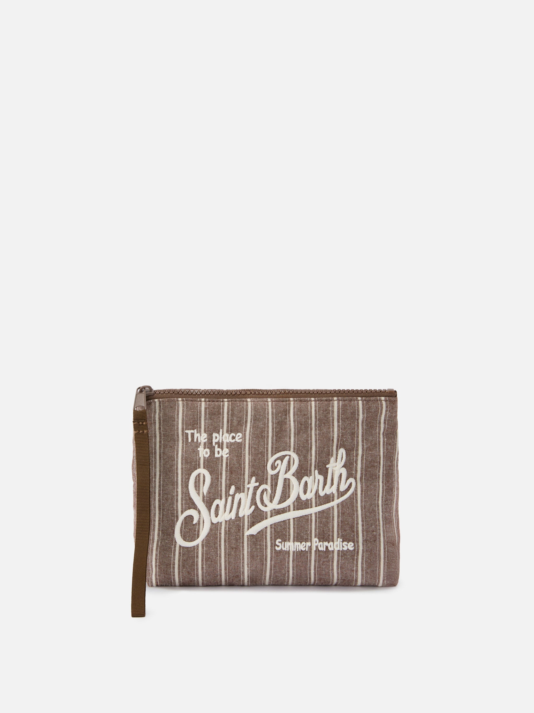 Aline Brown Narrow Striped Cotton Pouch Pochette