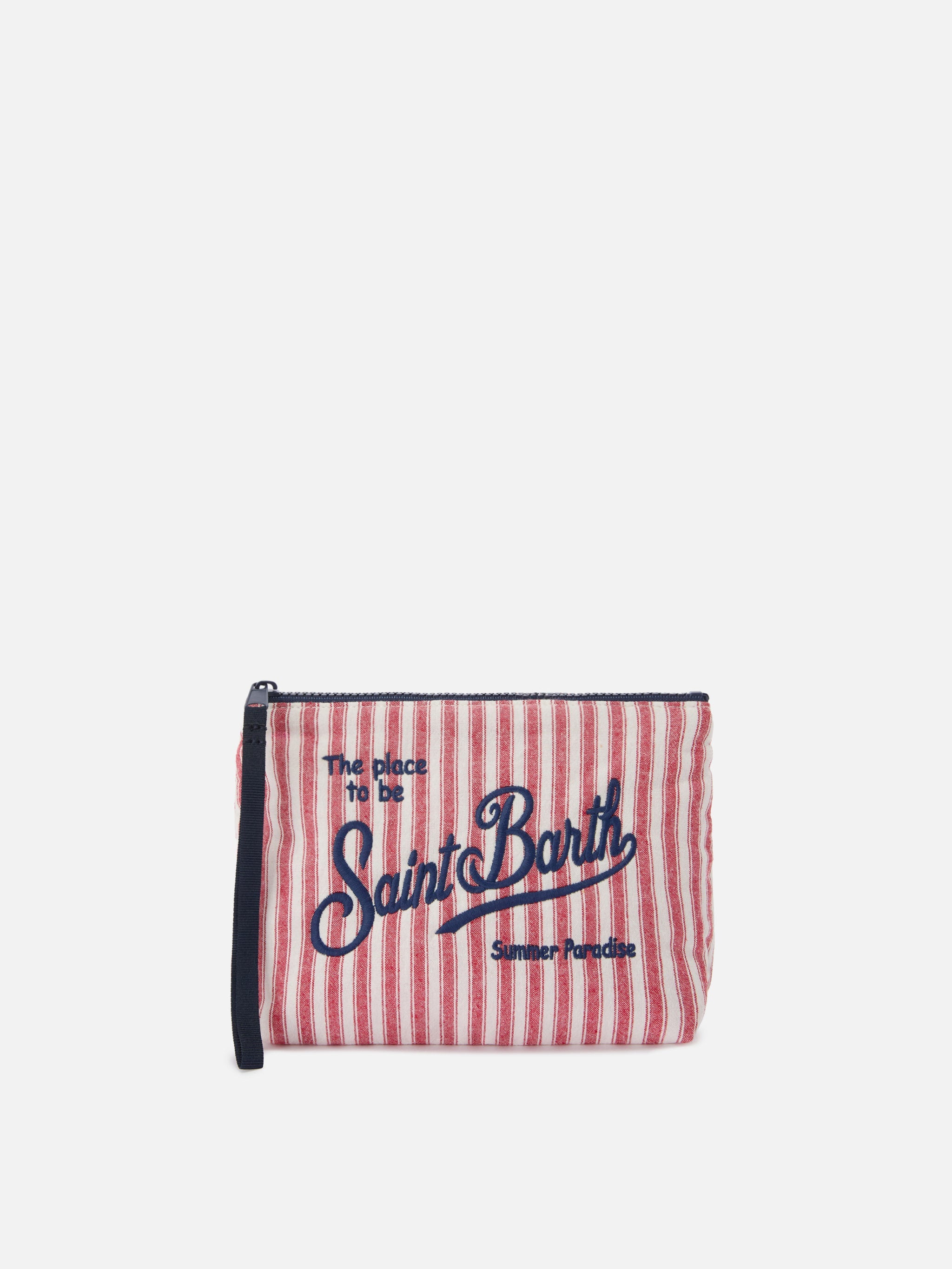 Aline Red And White Narrow Striped Cotton Pouch Pochette