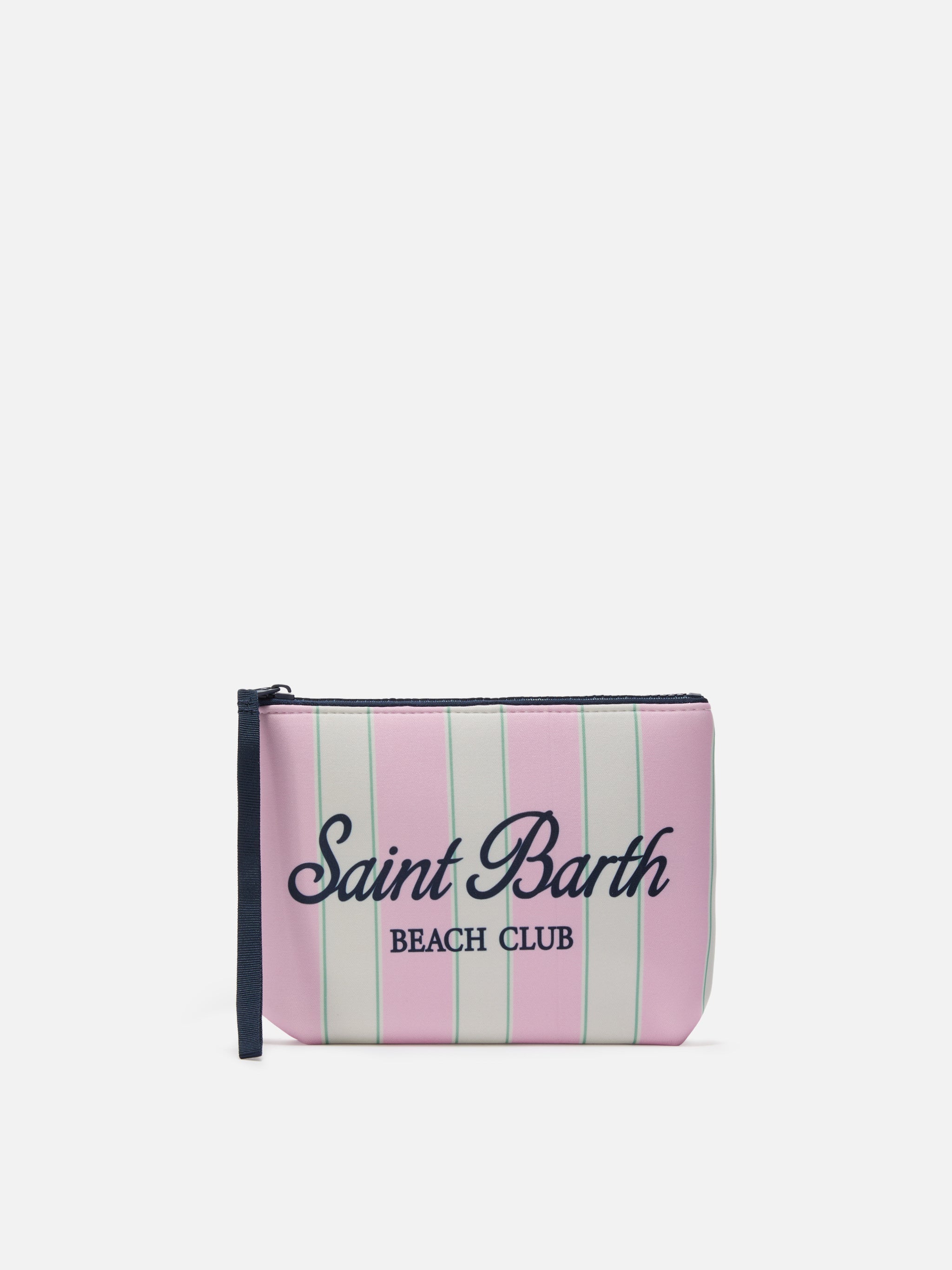 Aline Scuba Pouch With Pink And Green Striped Print Beach Club Logo Pochette