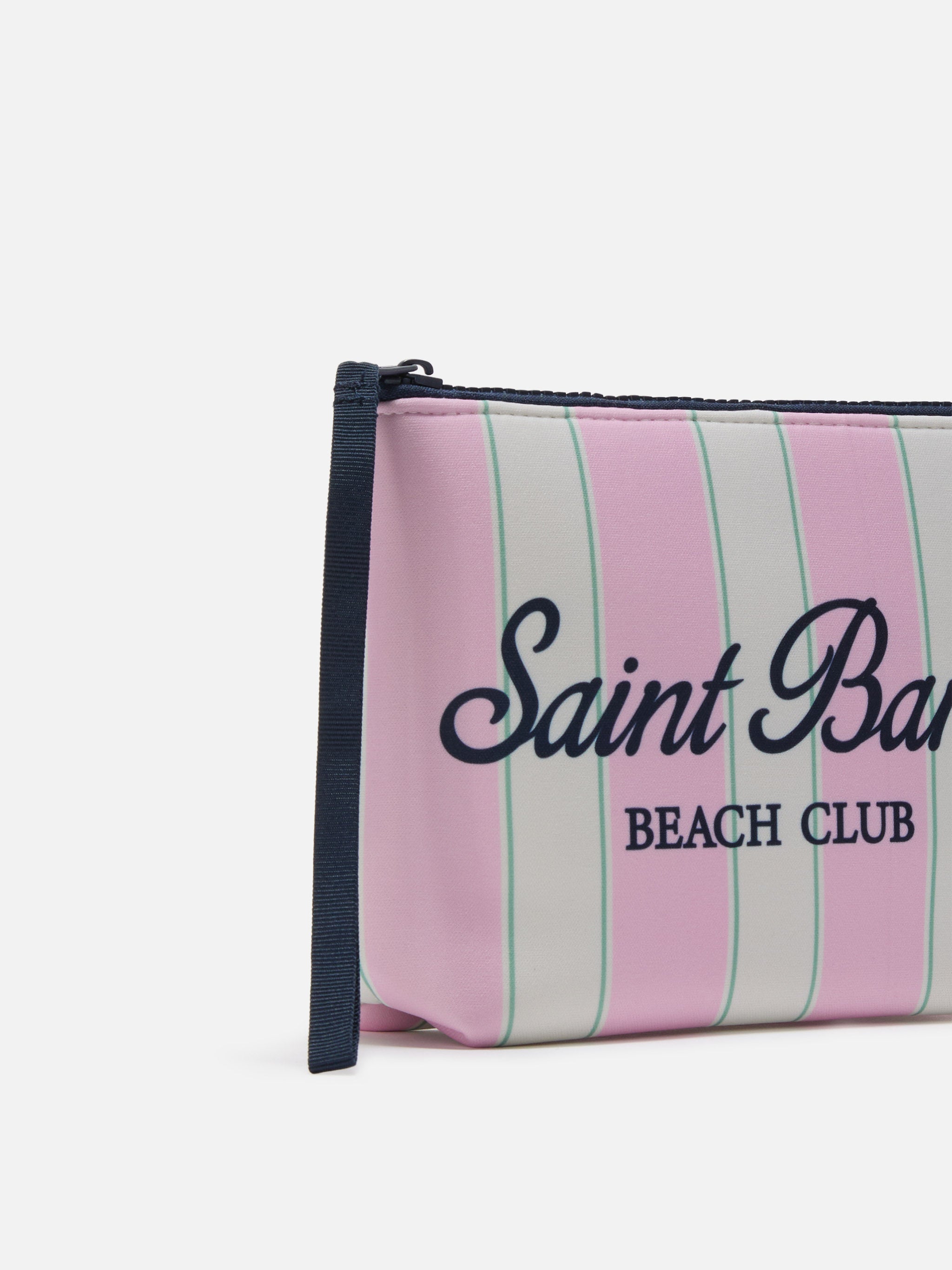Aline Scuba Pouch With Pink And Green Striped Print Beach Club Logo Pochette