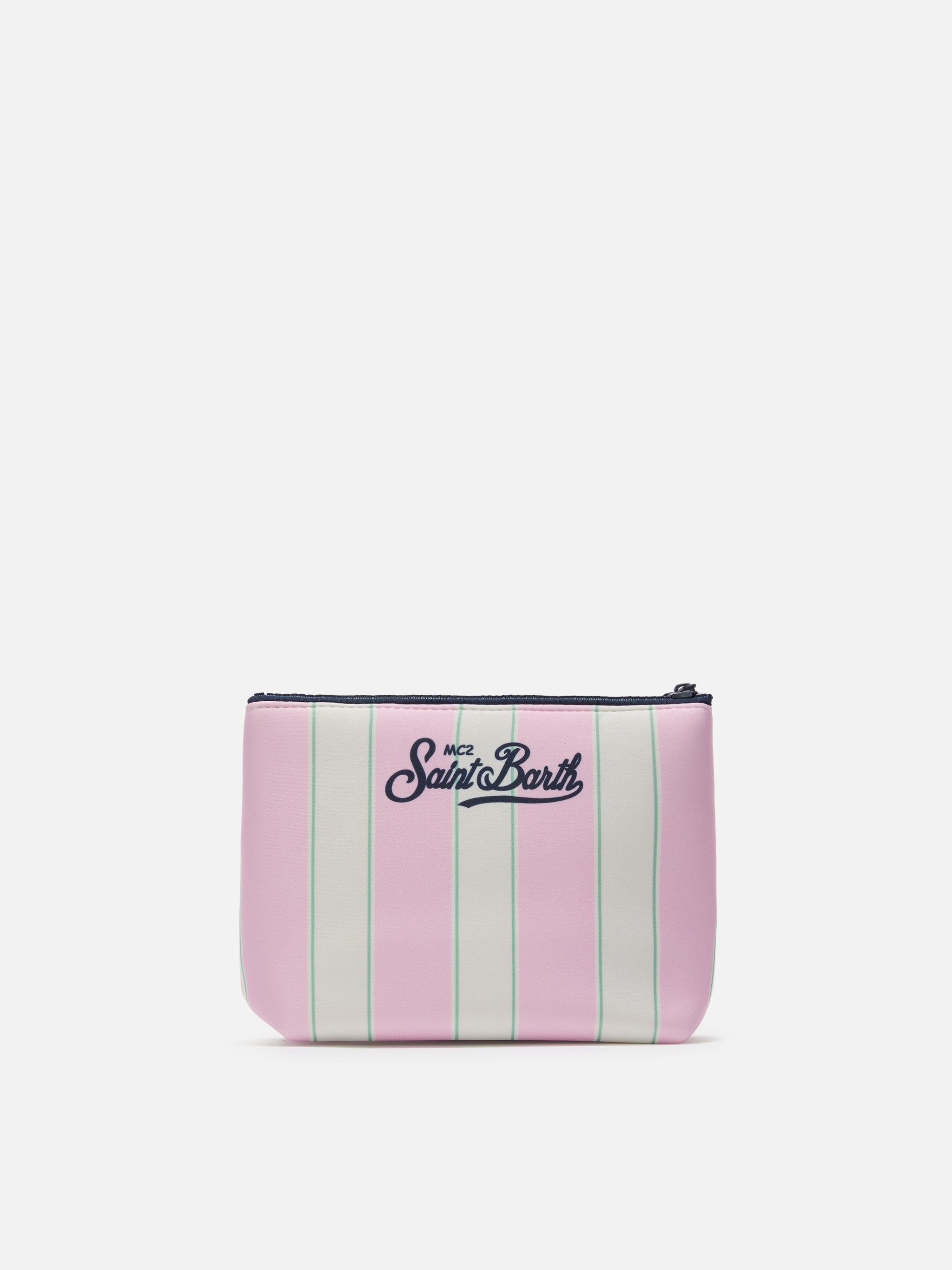 Aline Scuba Pouch With Pink And Green Striped Print Beach Club Logo Pochette