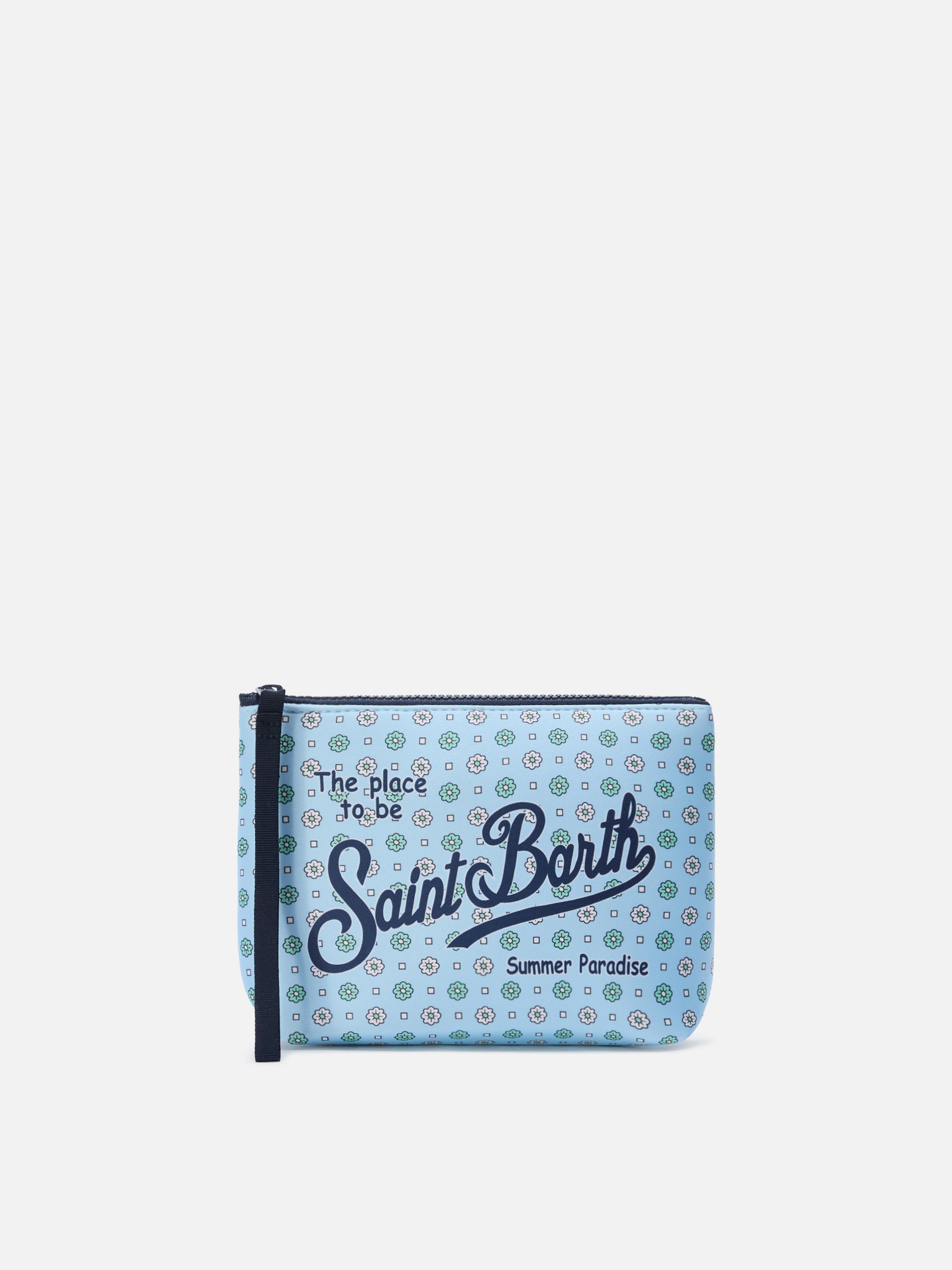 Aline Light Blue Scuba Pouch With All-Over Floral Print Pochette