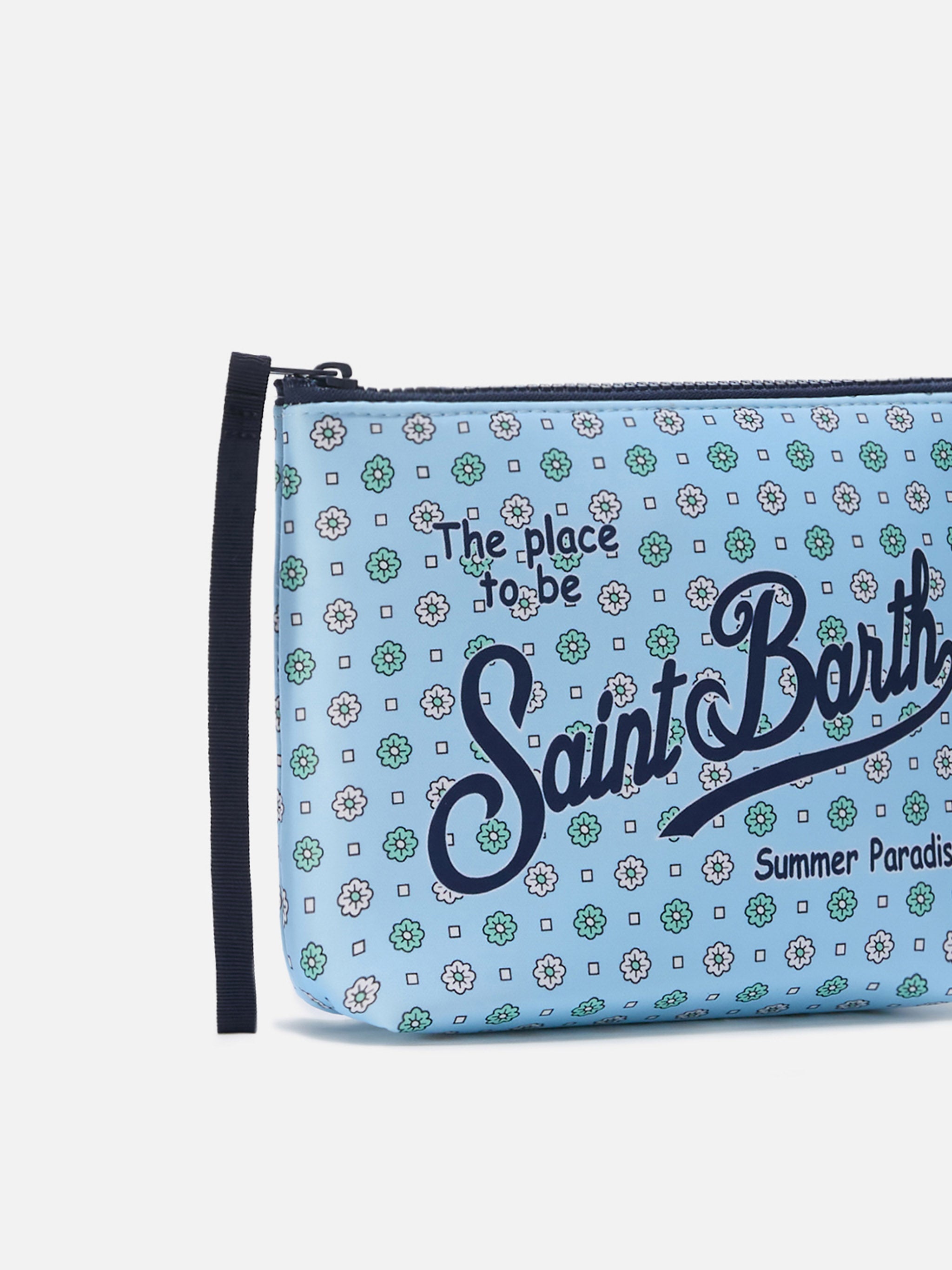 Aline Light Blue Scuba Pouch With All-Over Floral Print Pochette