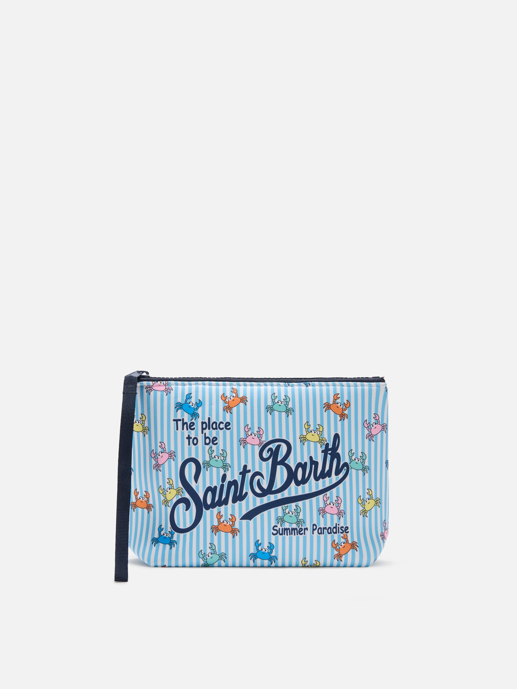 Aline Scuba Pouch With Light Blue Stripes And Crab Print Sky Pochette