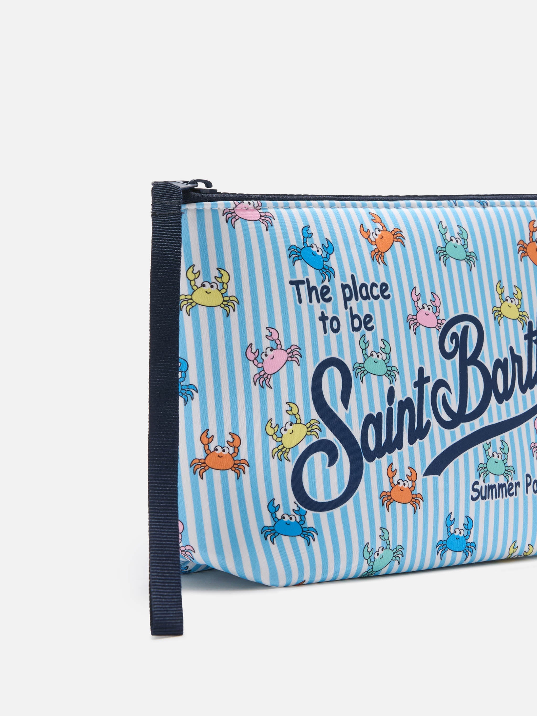 Aline Scuba Pouch With Light Blue Stripes And Crab Print Sky Pochette