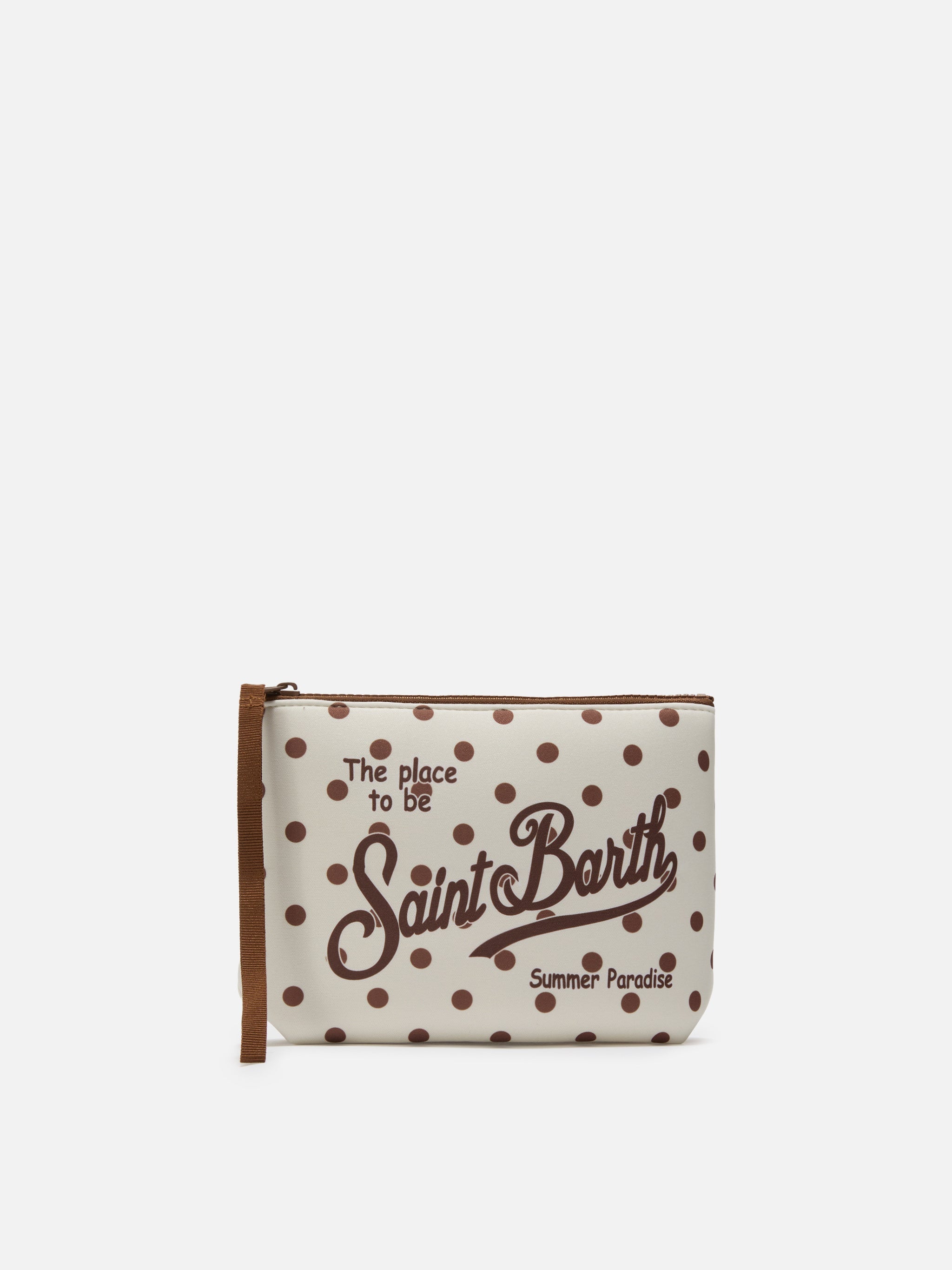 Aline Scuba Pouch With Beige And Bordeaux Polka Dot Print Pochette