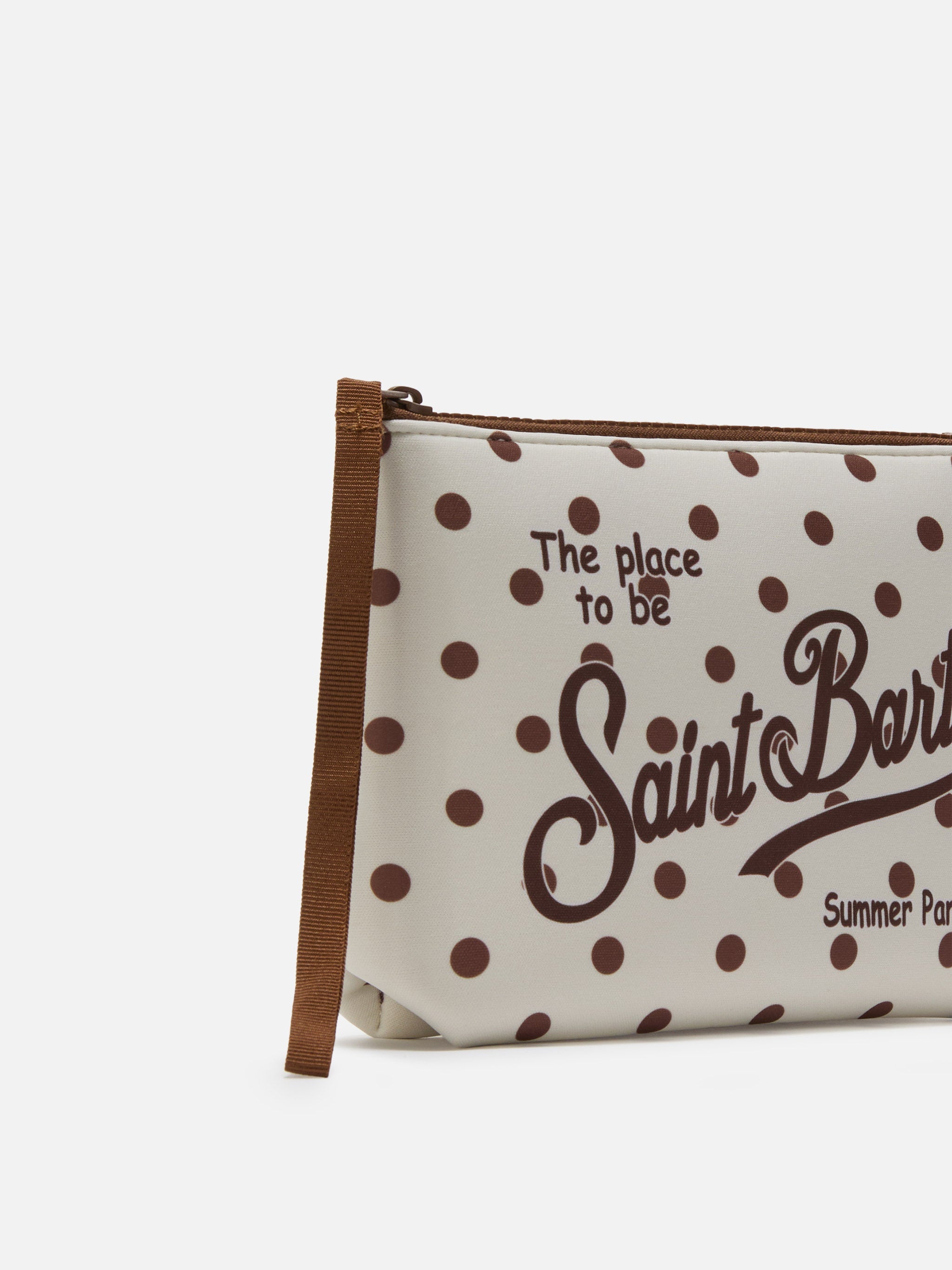 Aline Scuba Pouch With Beige And Bordeaux Polka Dot Print Pochette
