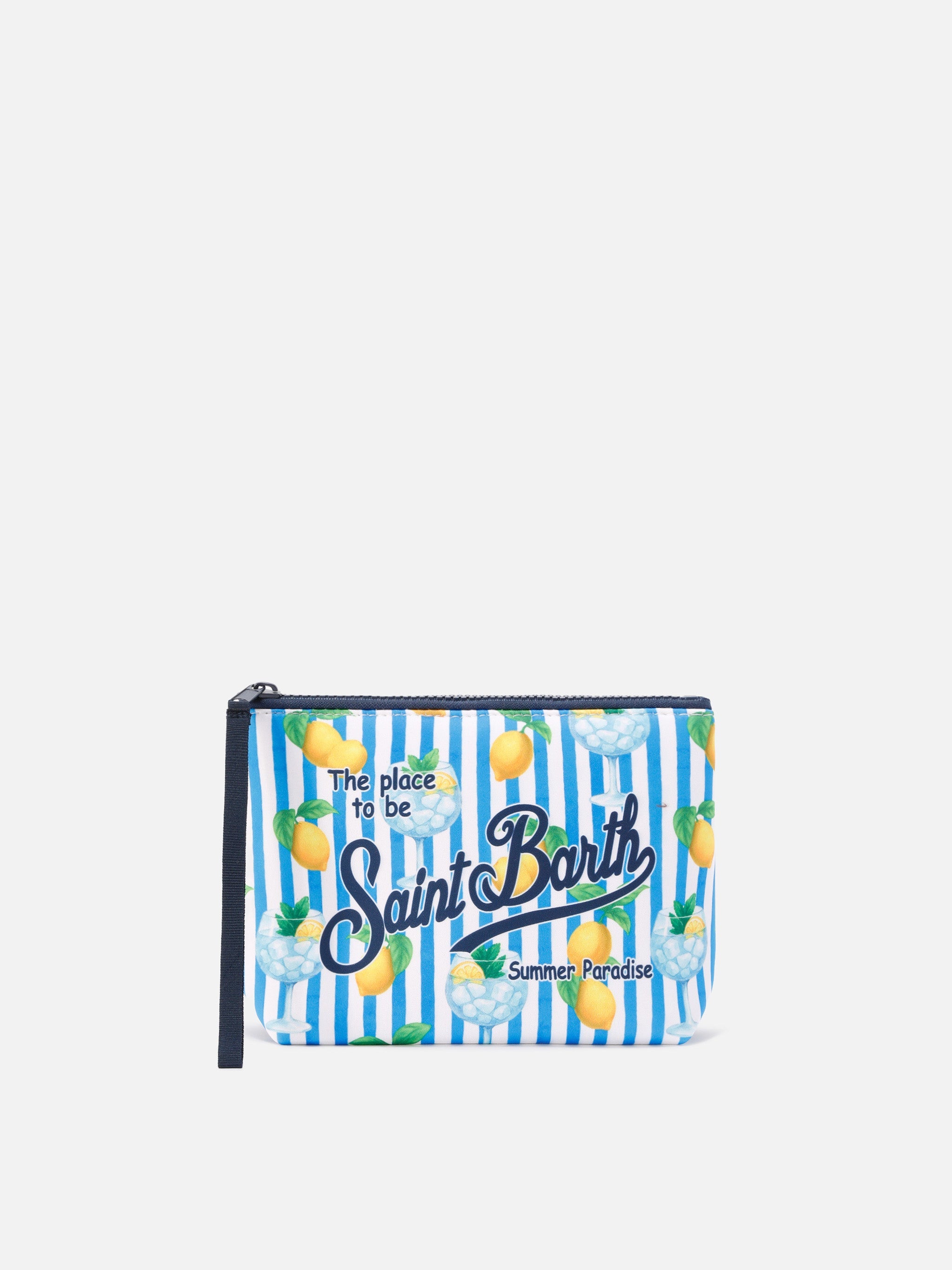 Aline Scuba Pouch With Blue Striped Lemon And Gin Tonic Print Pochette