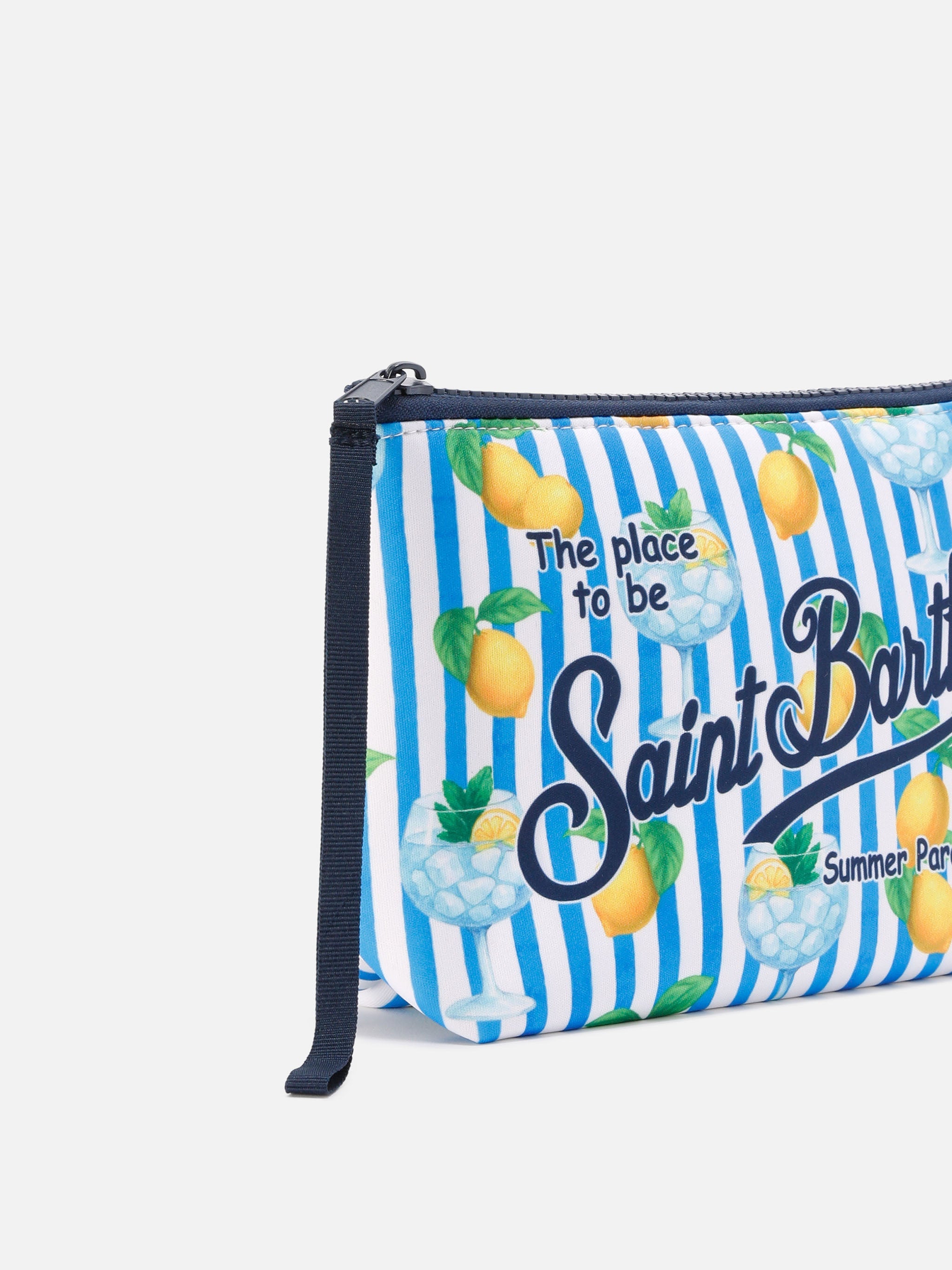 Aline Scuba Pouch With Blue Striped Lemon And Gin Tonic Print Pochette
