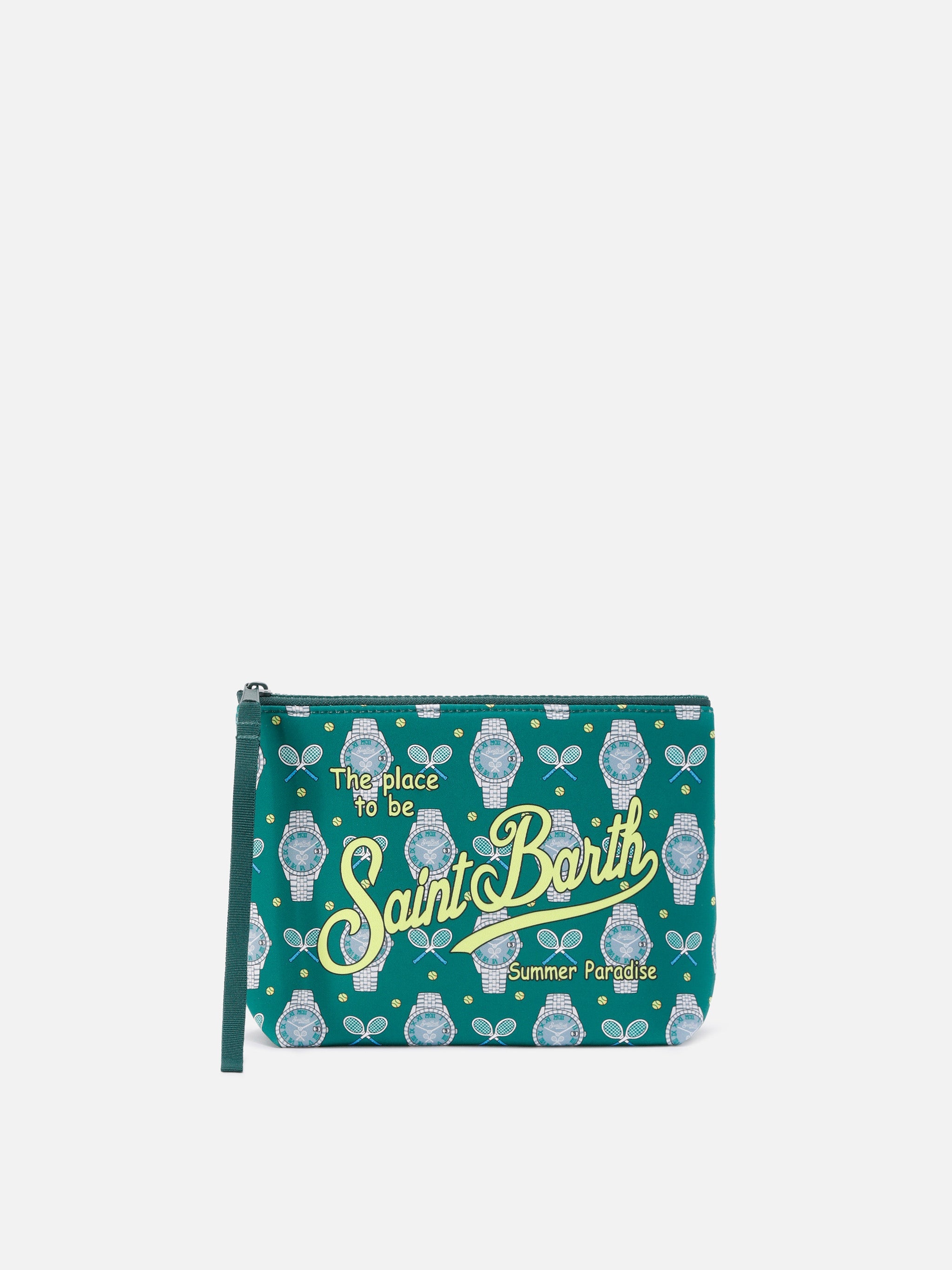 Aline Scuba Pouch With Tennis And Watch Print Green Pochette