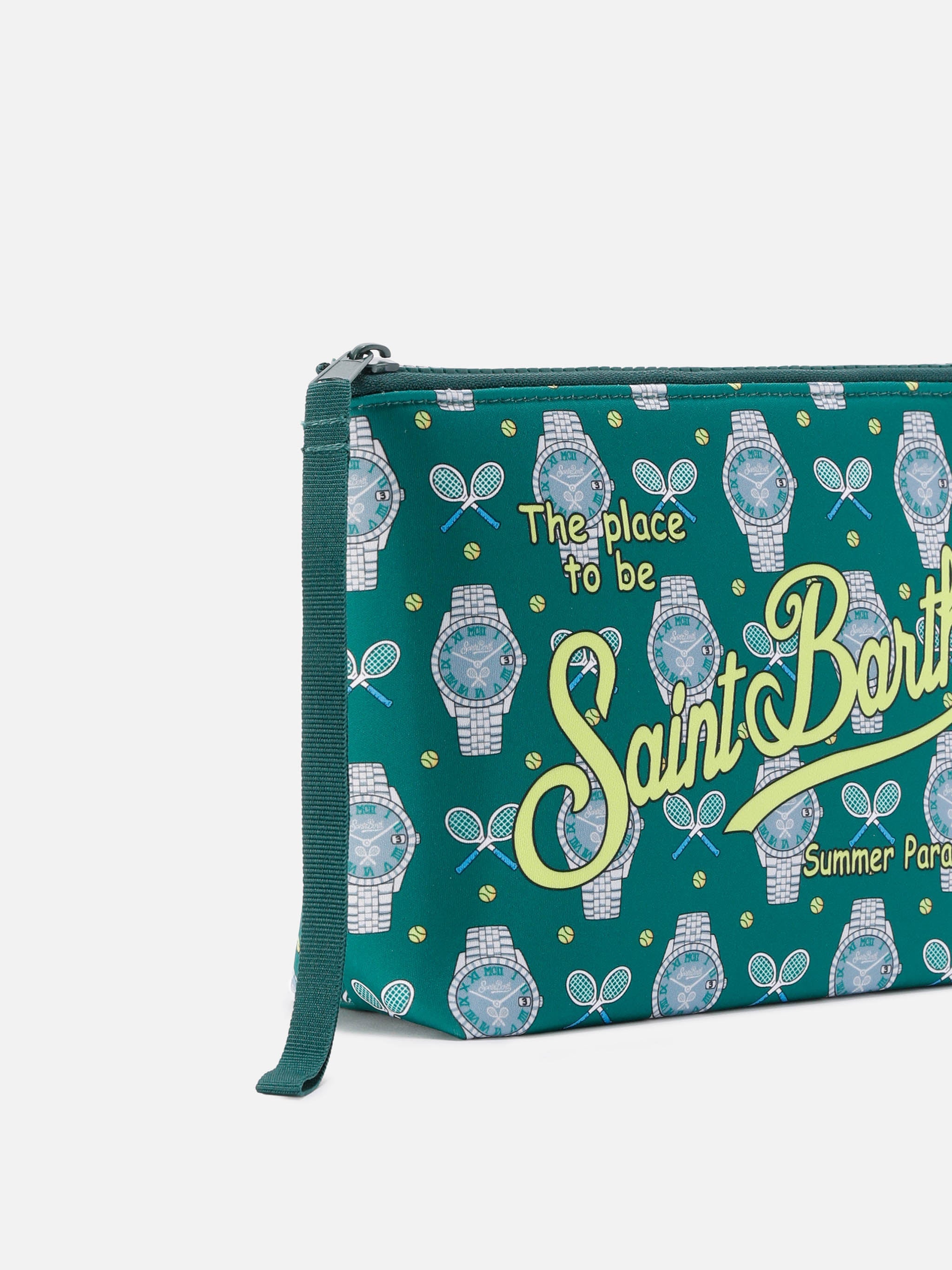 Aline Scuba Pouch With Tennis And Watch Print Green Pochette