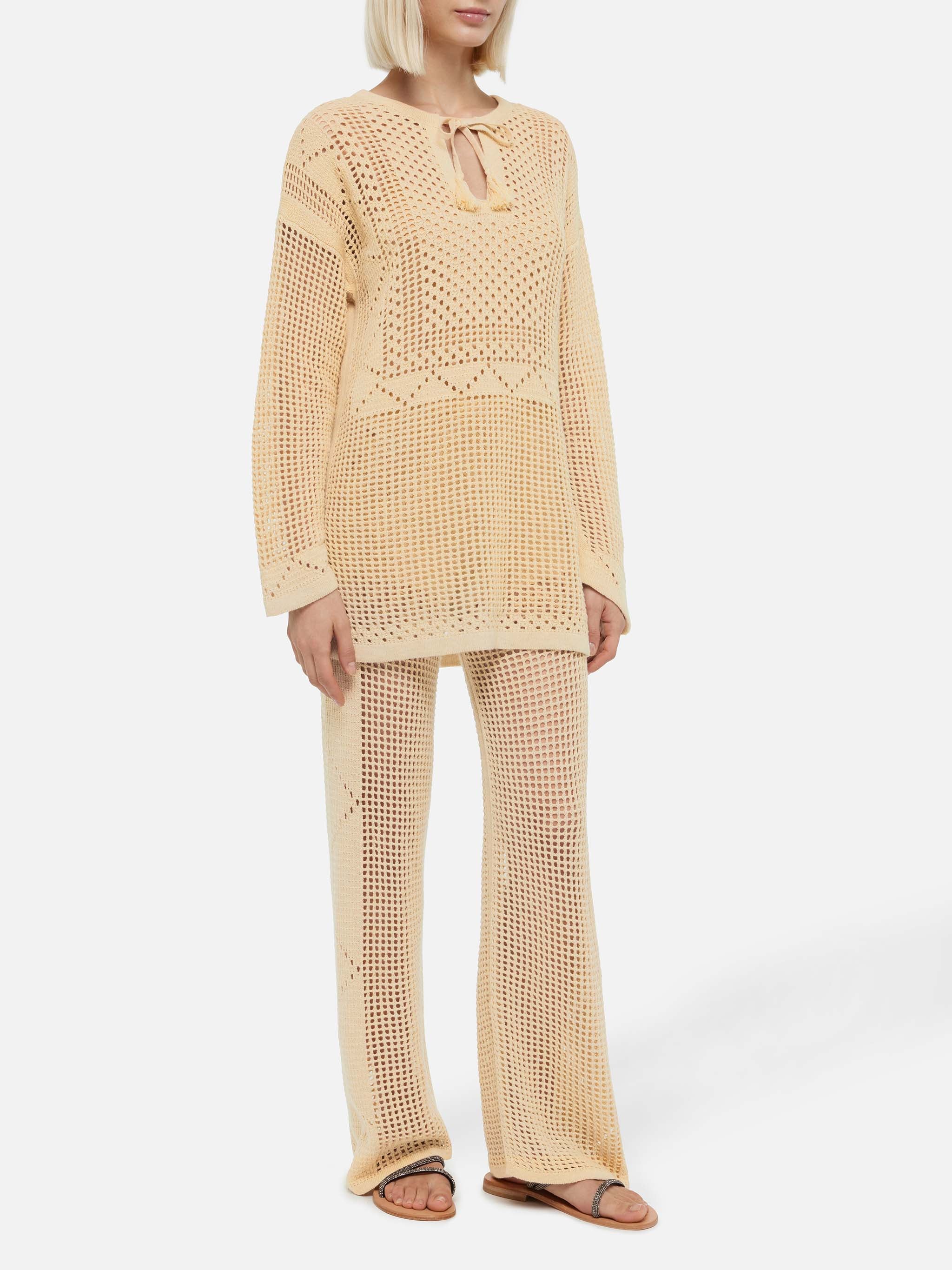 Alva Beige Crochet Flared Pants White