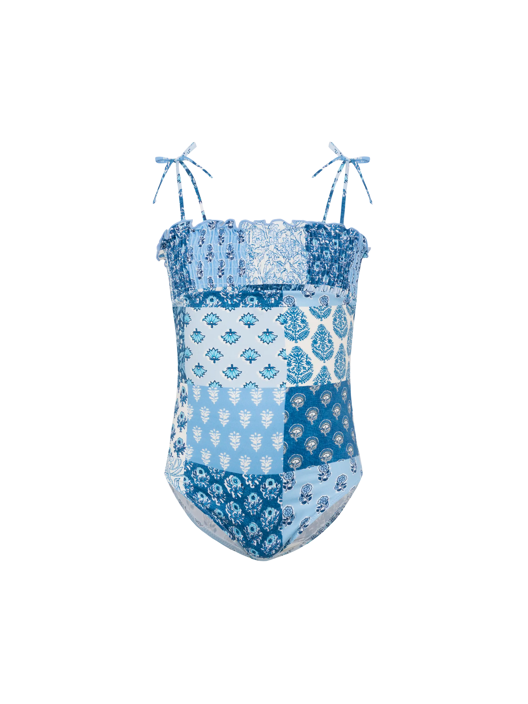 Amina One-Piece Swimsuit With Floral Patch And Smocked Bodice Sky One Piece