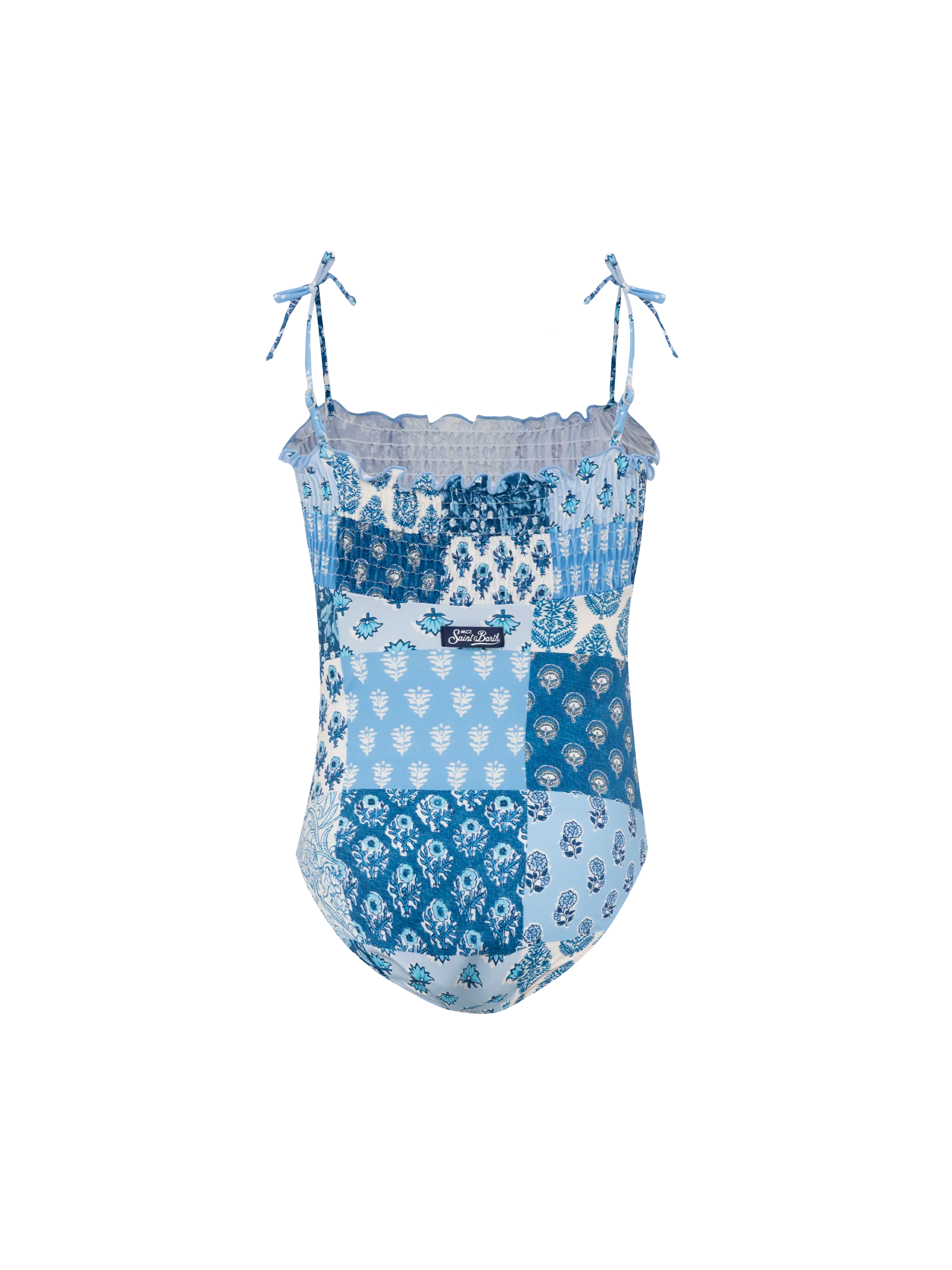 Amina One-Piece Swimsuit With Floral Patch And Smocked Bodice Sky One Piece