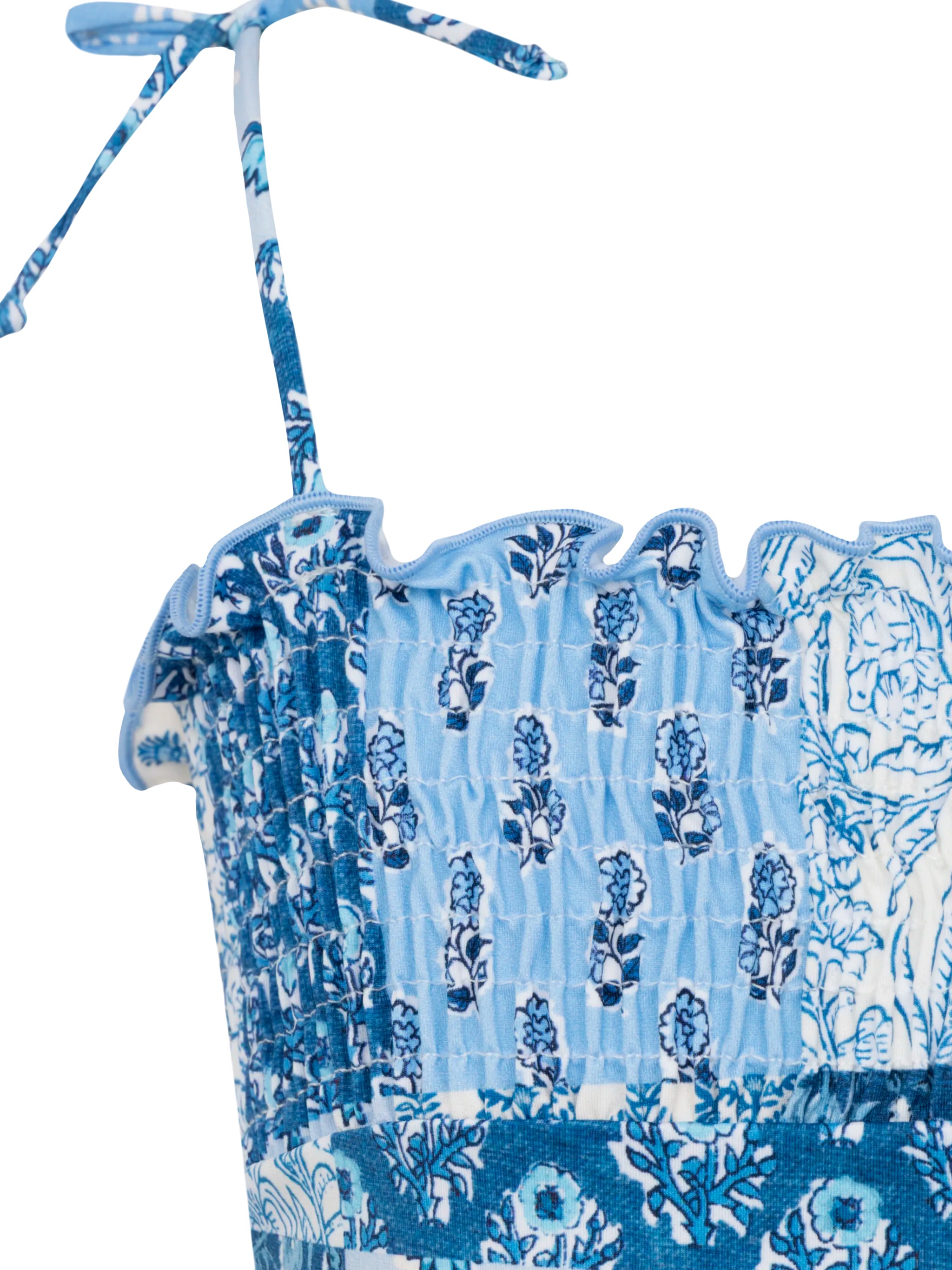 Amina One-Piece Swimsuit With Floral Patch And Smocked Bodice Sky One Piece