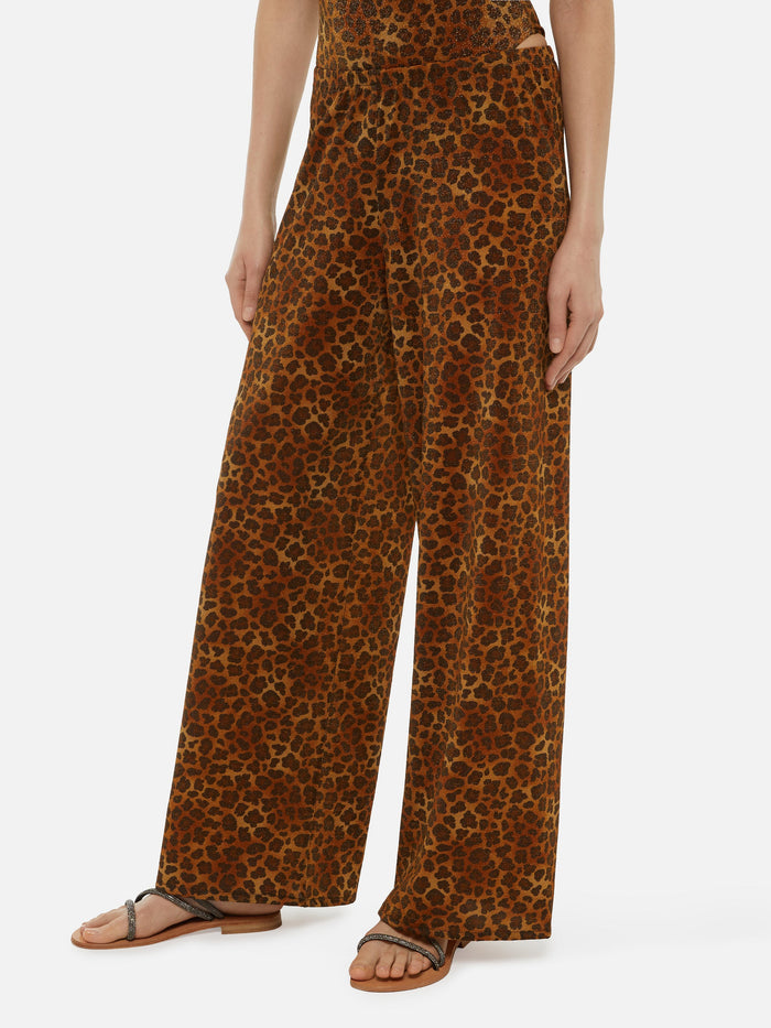 Amalia Leopard Lurex Wide-Leg Trousers Brown Pant