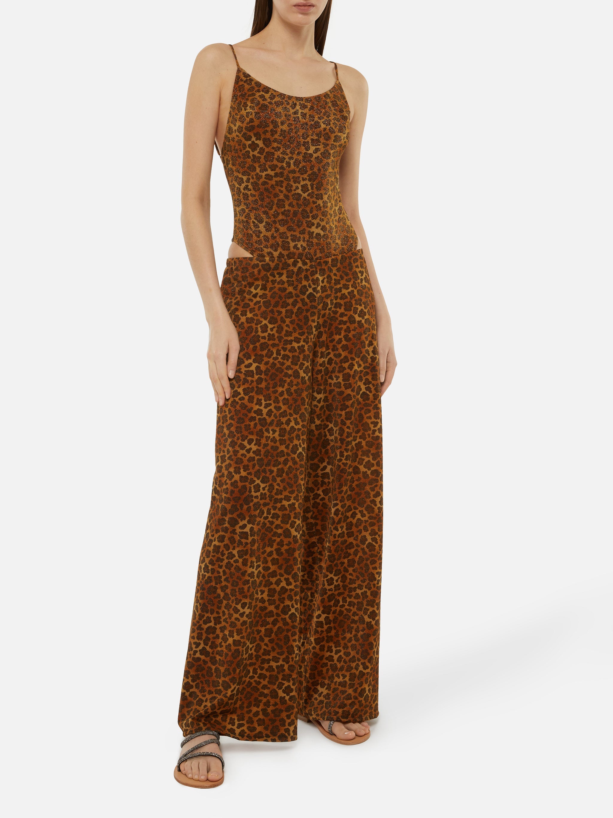 Amalia Leopard Lurex Wide-Leg Trousers Brown Pant