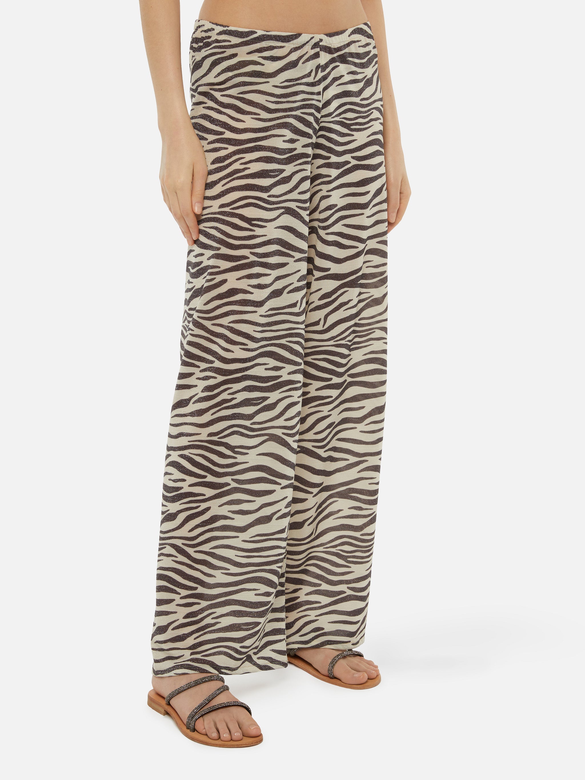 Amalia Zebra Lurex Wide-Leg Trousers White Pant