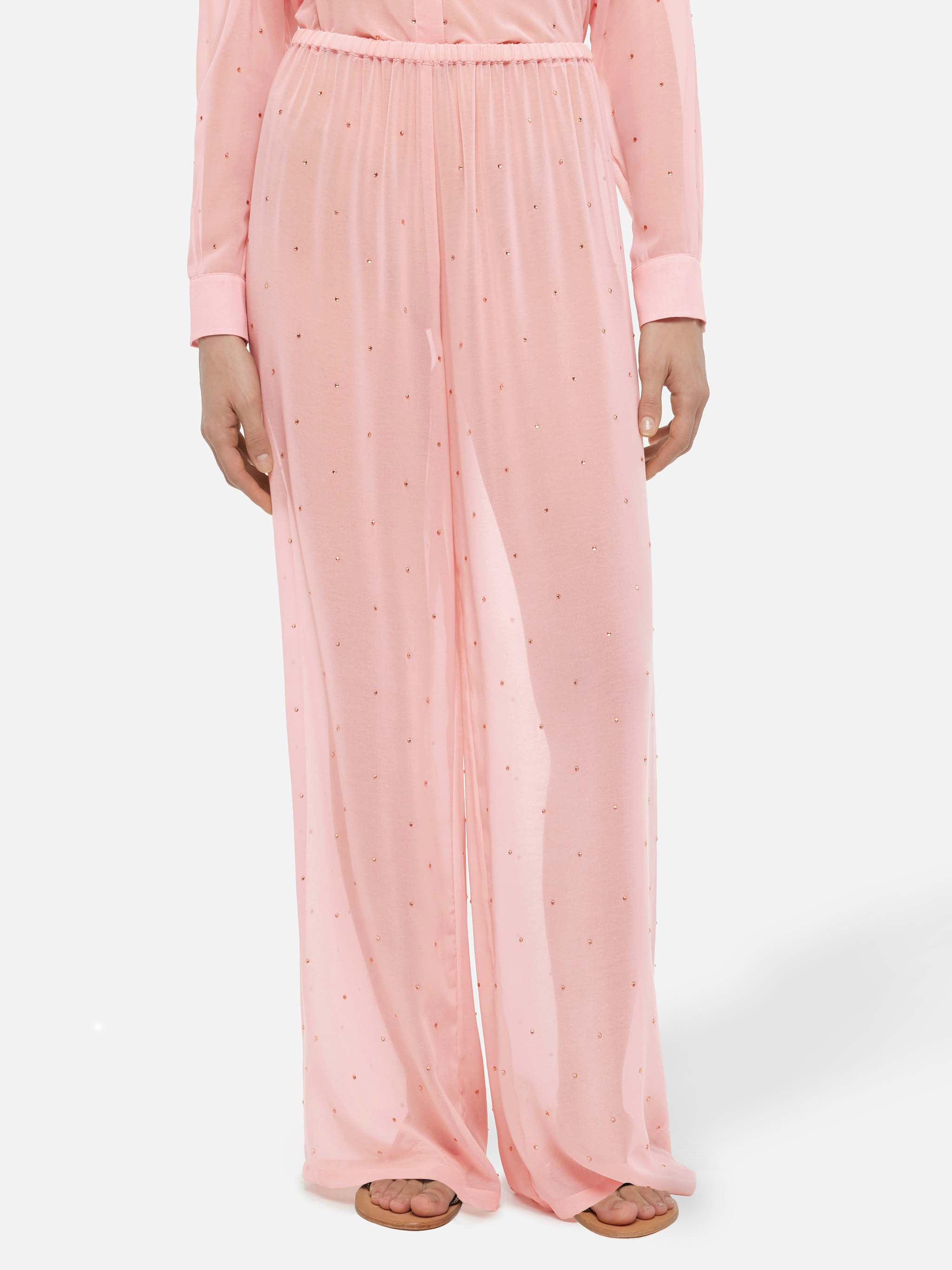Amalia Pink Wide-Leg Georgette Trousers With Rhinestone Embellishment Pant