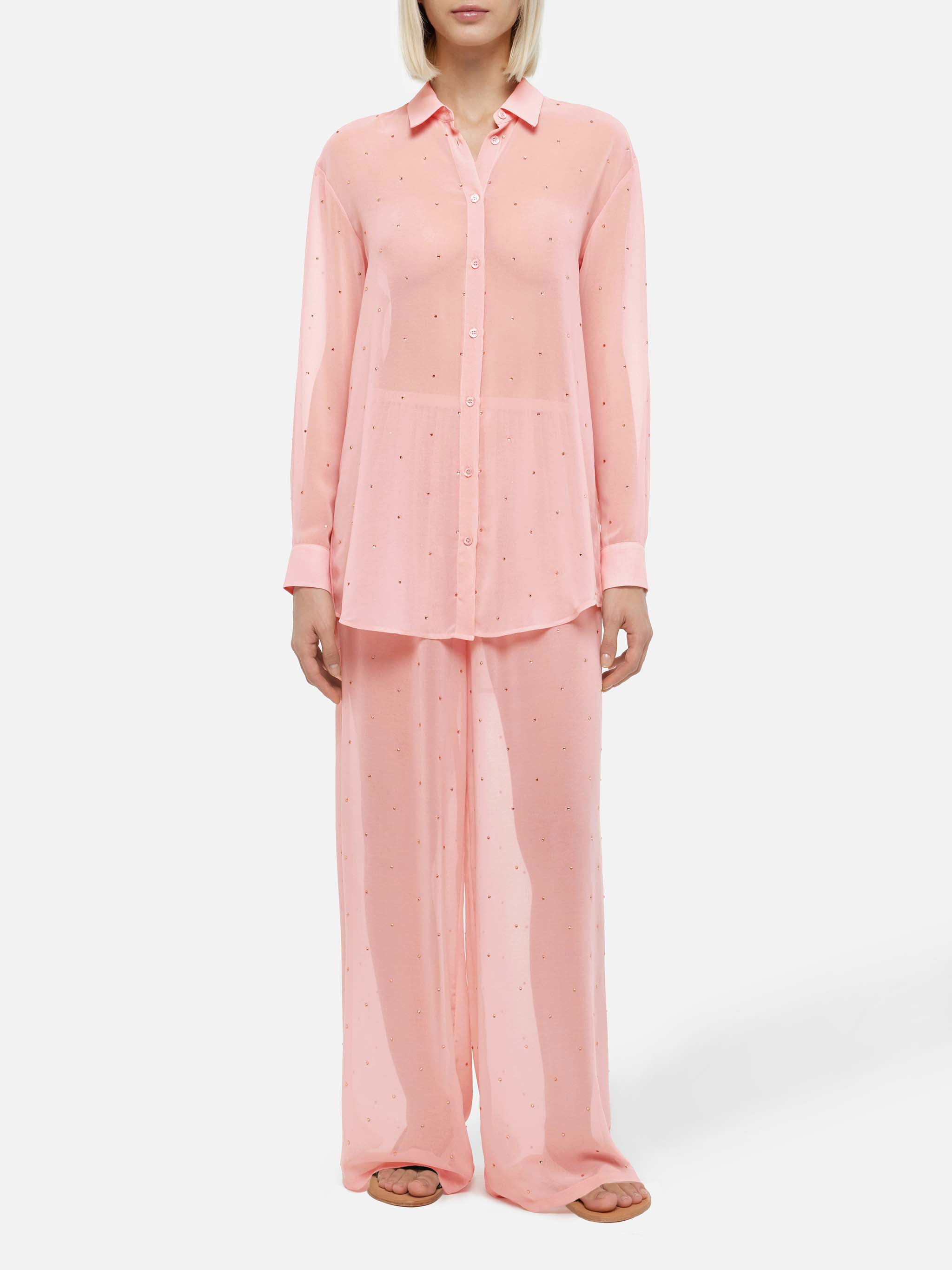 Amalia Pink Wide-Leg Georgette Trousers With Rhinestone Embellishment Pant