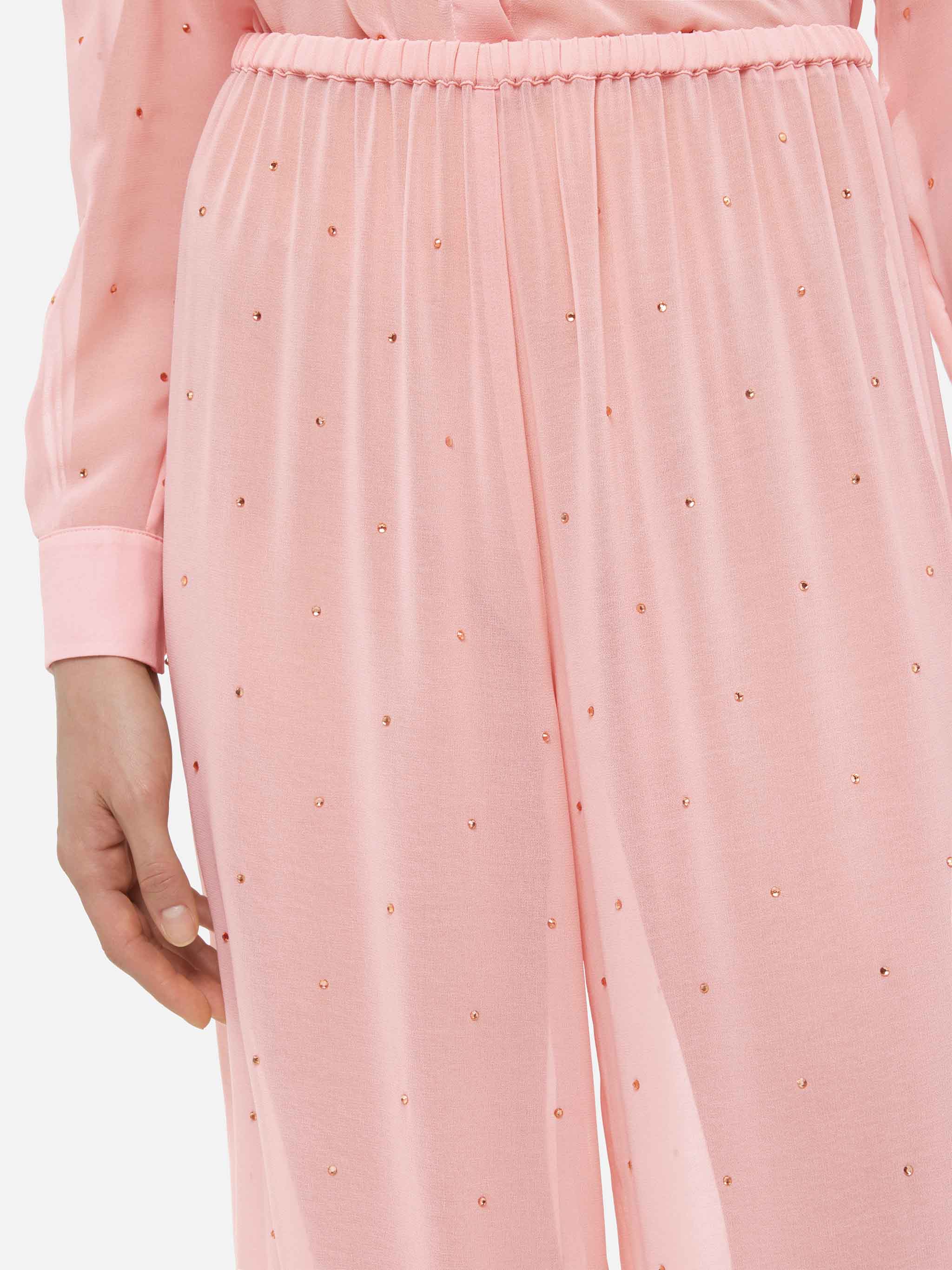 Amalia Pink Wide-Leg Georgette Trousers With Rhinestone Embellishment Pant