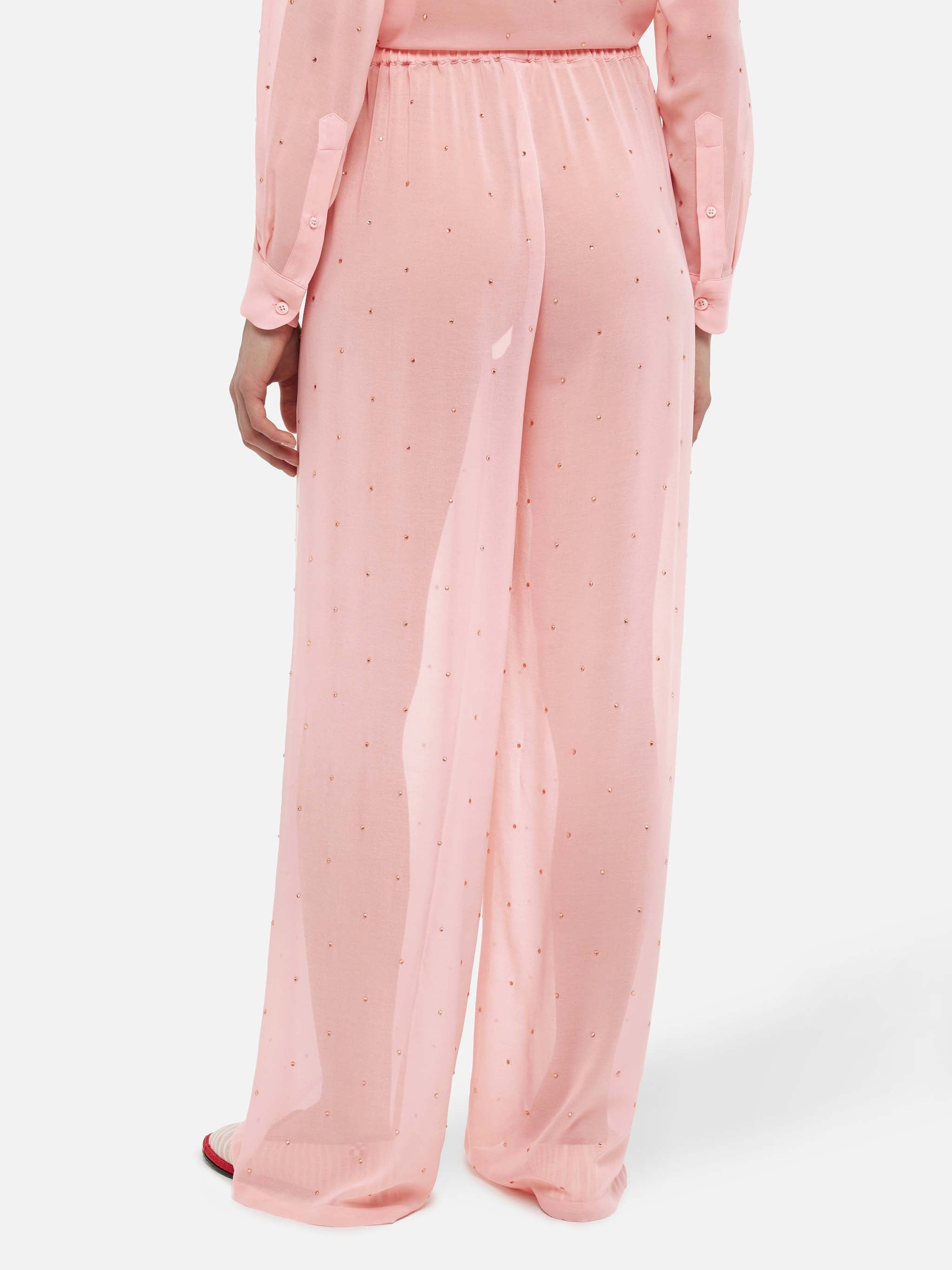 Amalia Pink Wide-Leg Georgette Trousers With Rhinestone Embellishment Pant