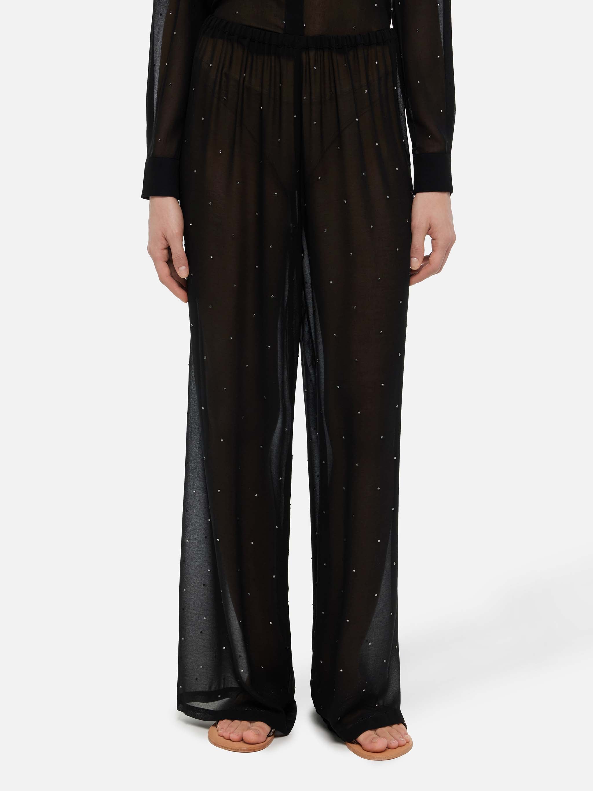 Amalia Black Wide-Leg Georgette Trousers With Rhinestone Embellishment Pant