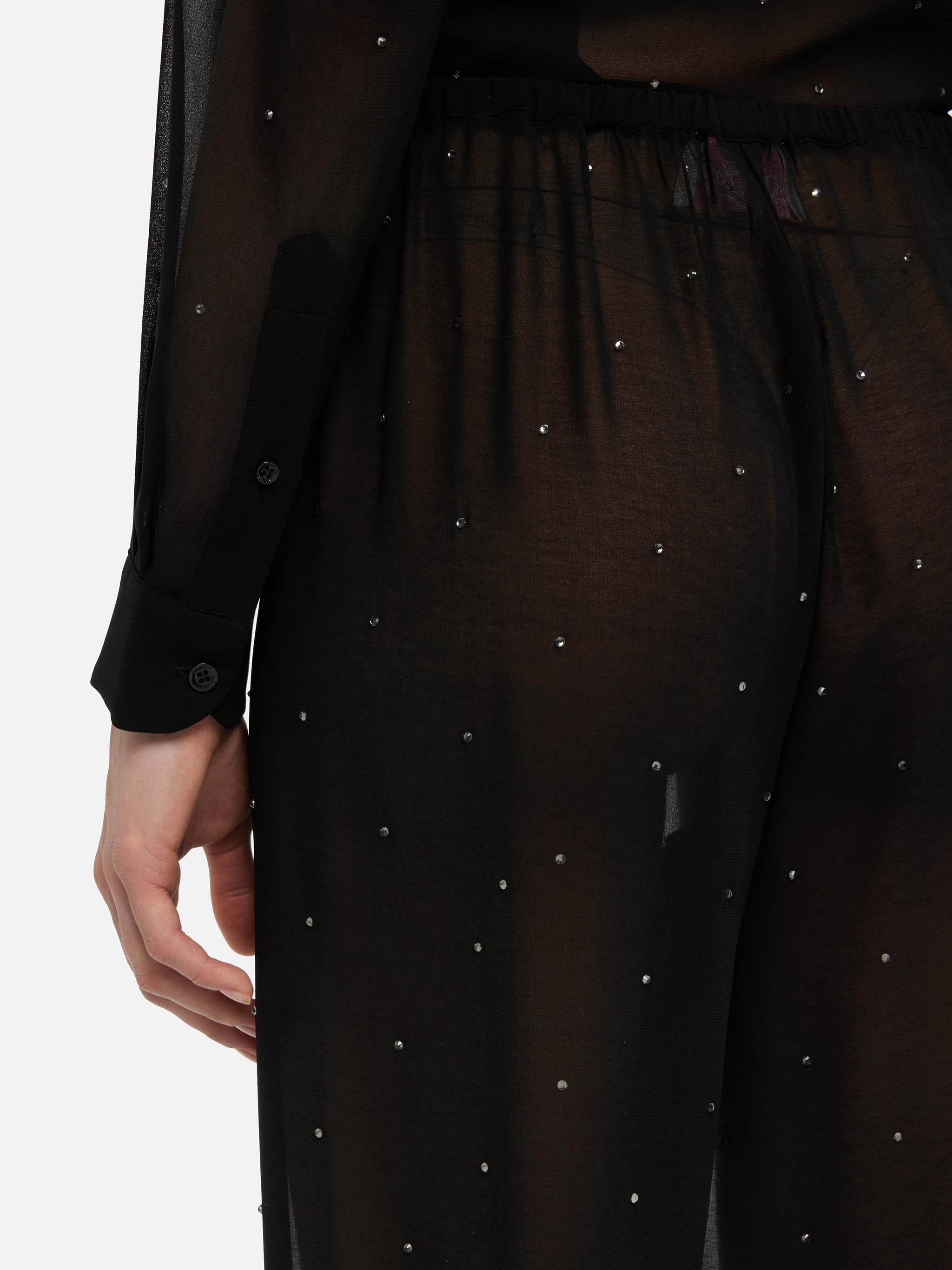 Amalia Black Wide-Leg Georgette Trousers With Rhinestone Embellishment Pant