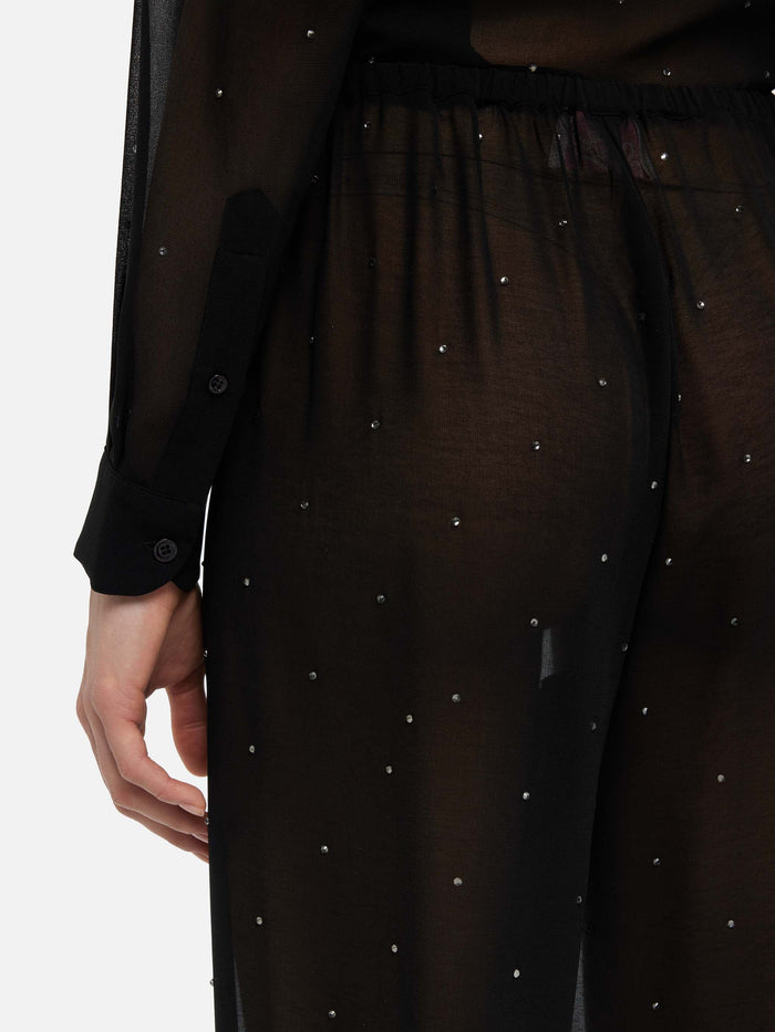 Amalia Black Wide-Leg Georgette Trousers With Rhinestone Embellishment Pant