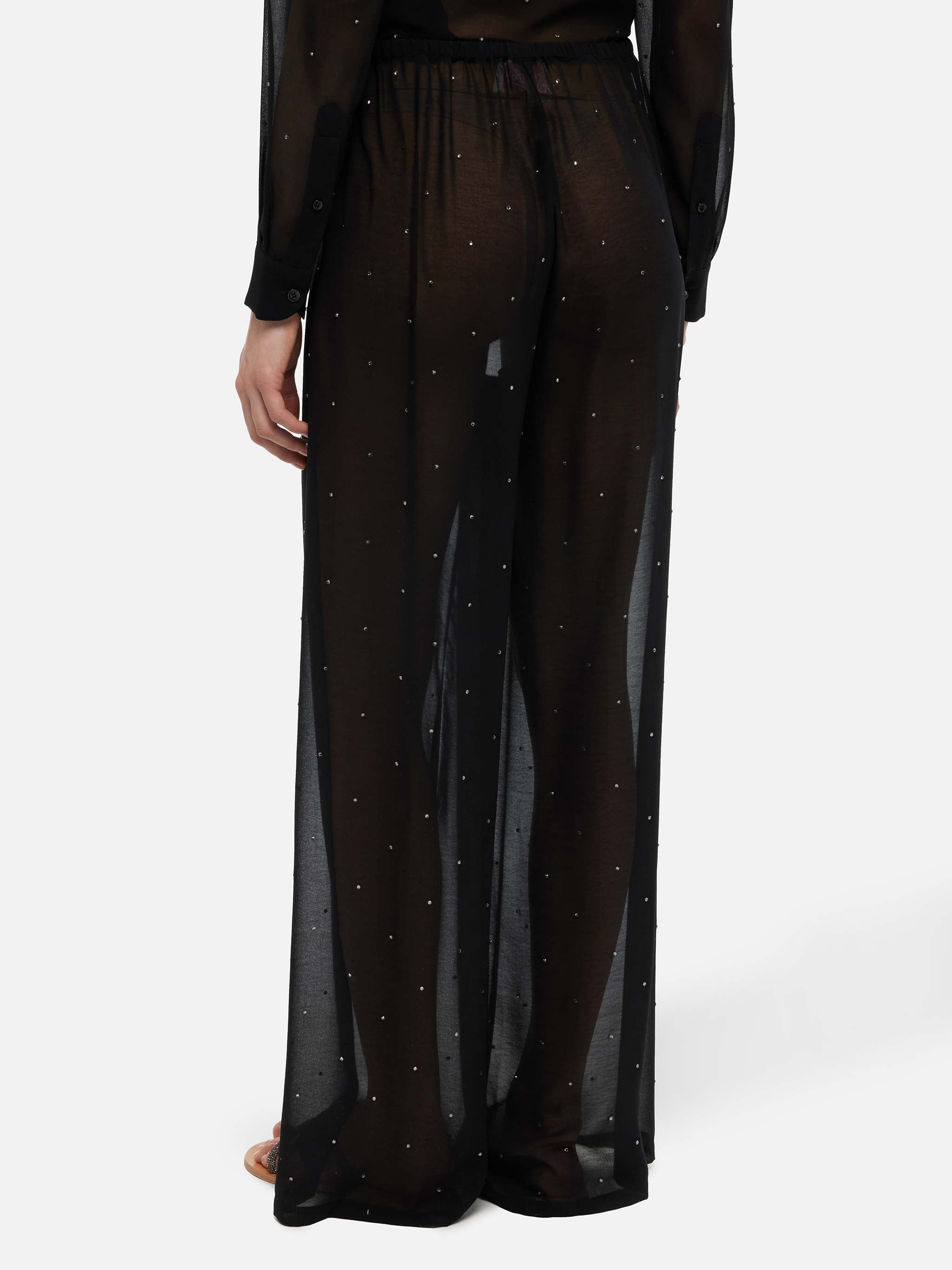 Amalia Black Wide-Leg Georgette Trousers With Rhinestone Embellishment Pant