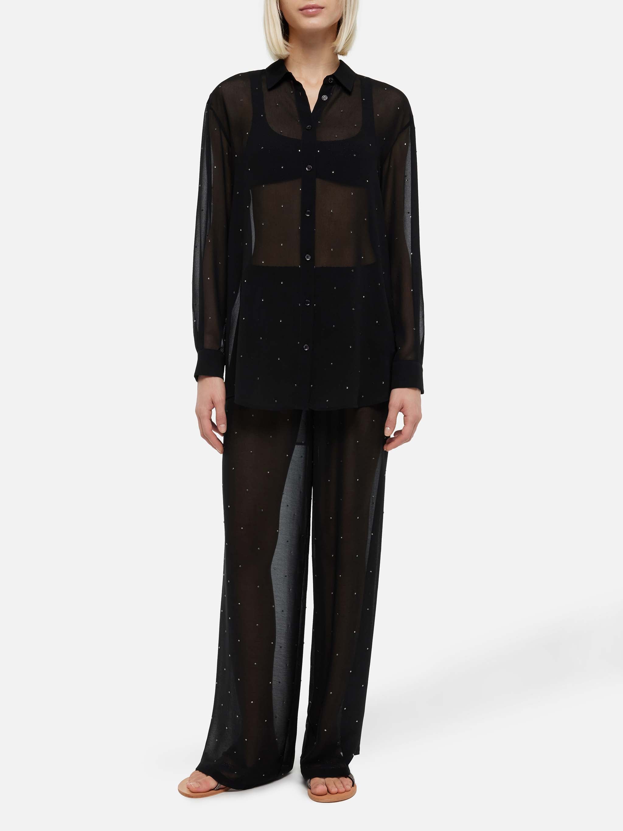 Amalia Black Wide-Leg Georgette Trousers With Rhinestone Embellishment Pant